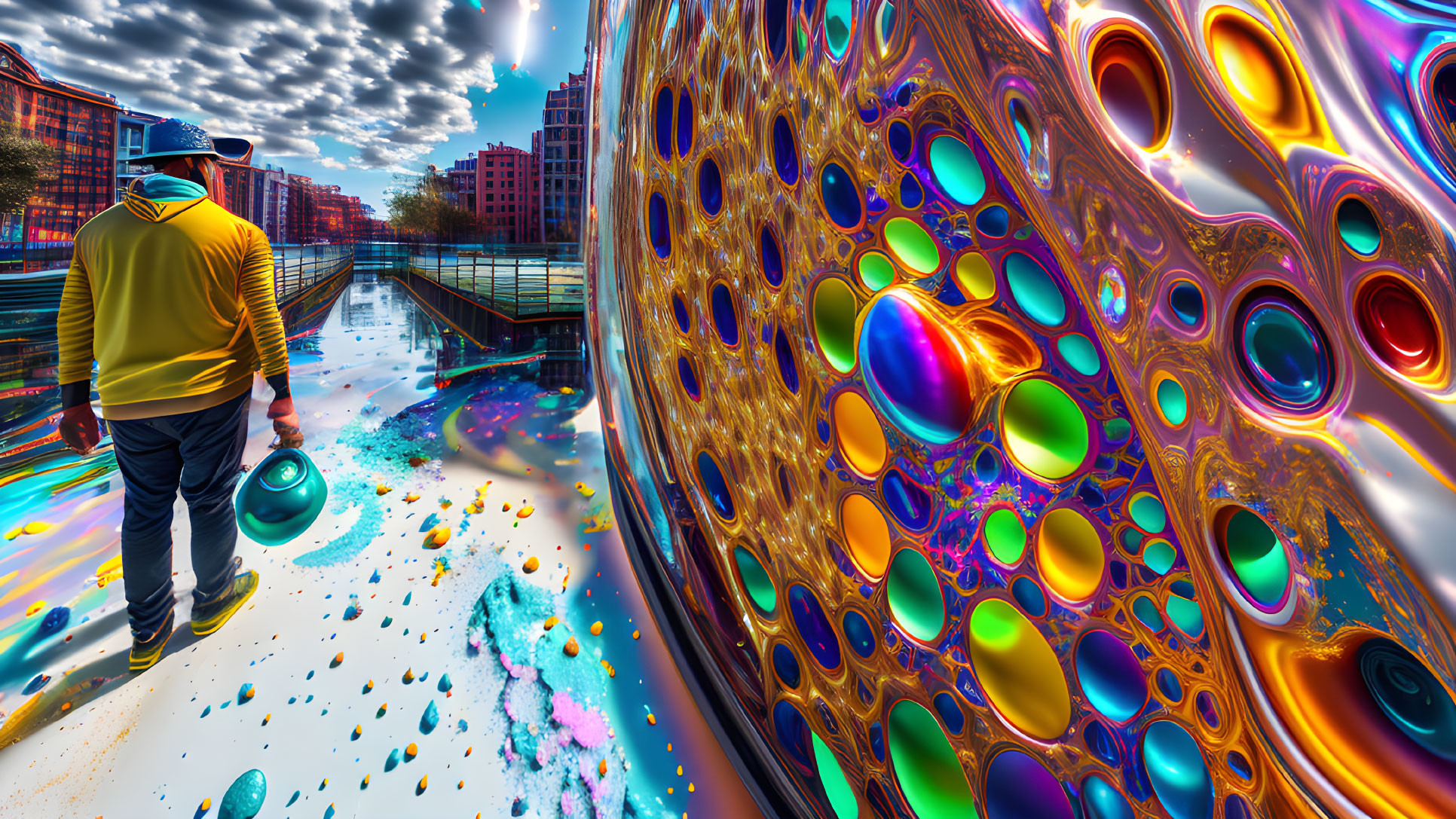 Split image of person walking by urban canal and abstract liquid bubbles.