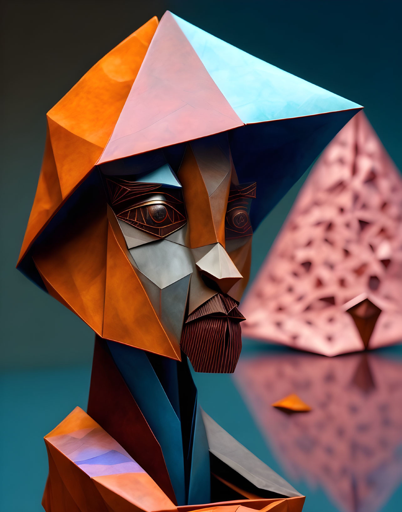 Colorful Geometric Human Figure Sculpture in Orange and Blue