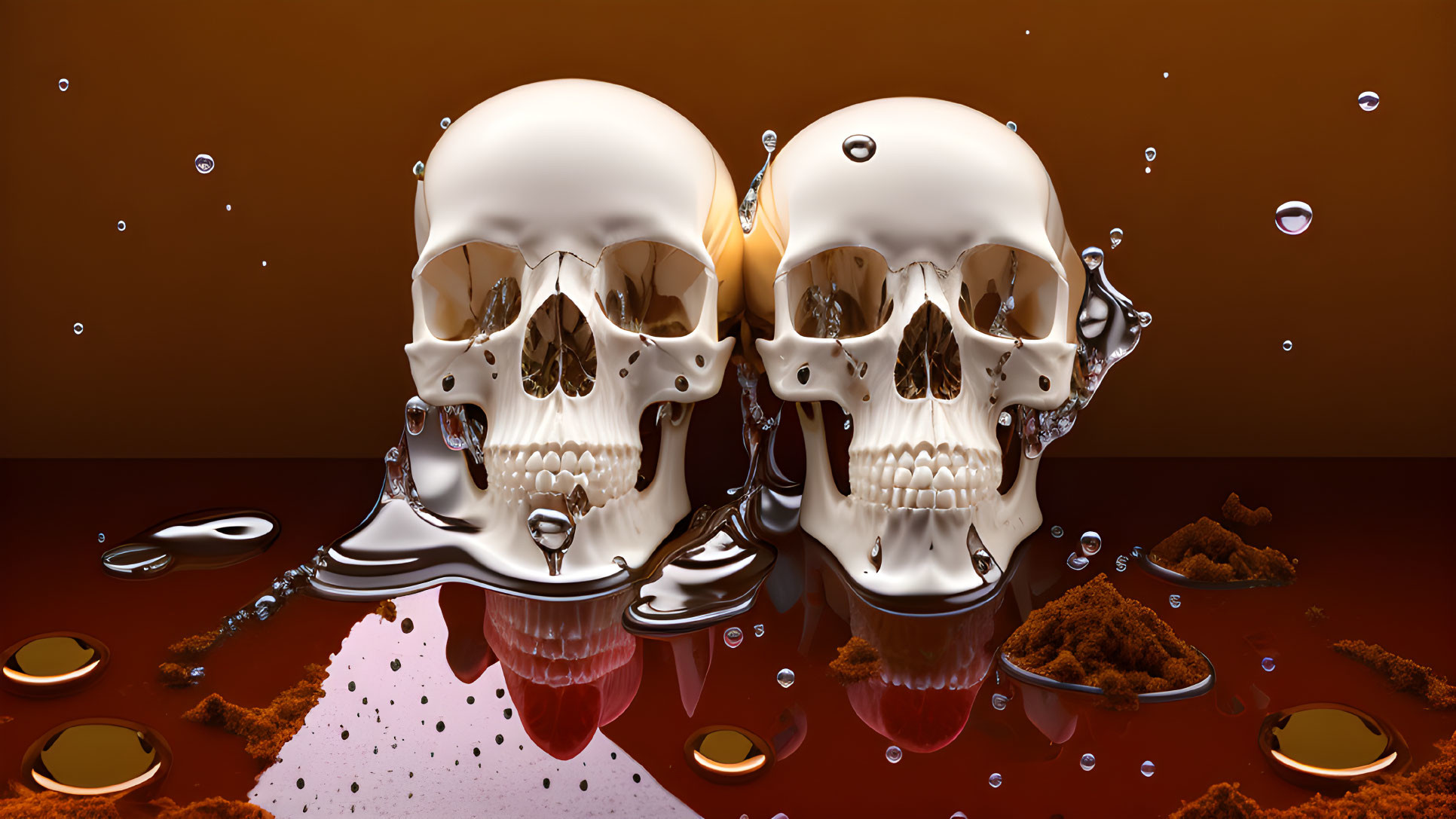 Melting human skulls on reflective surface with liquid drops, brown background