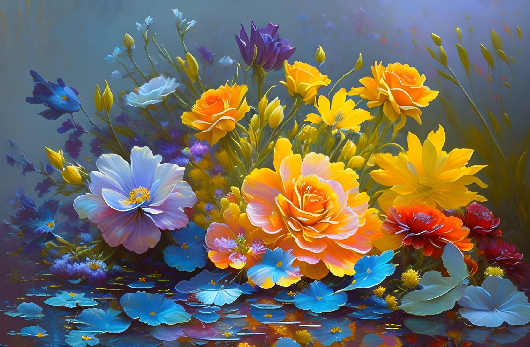 Colorful Digital Painting of Assorted Flowers on Dreamy Background