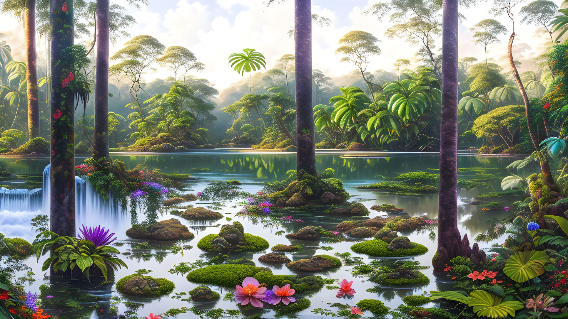 Serene forest landscape with reflective lake and vibrant flora