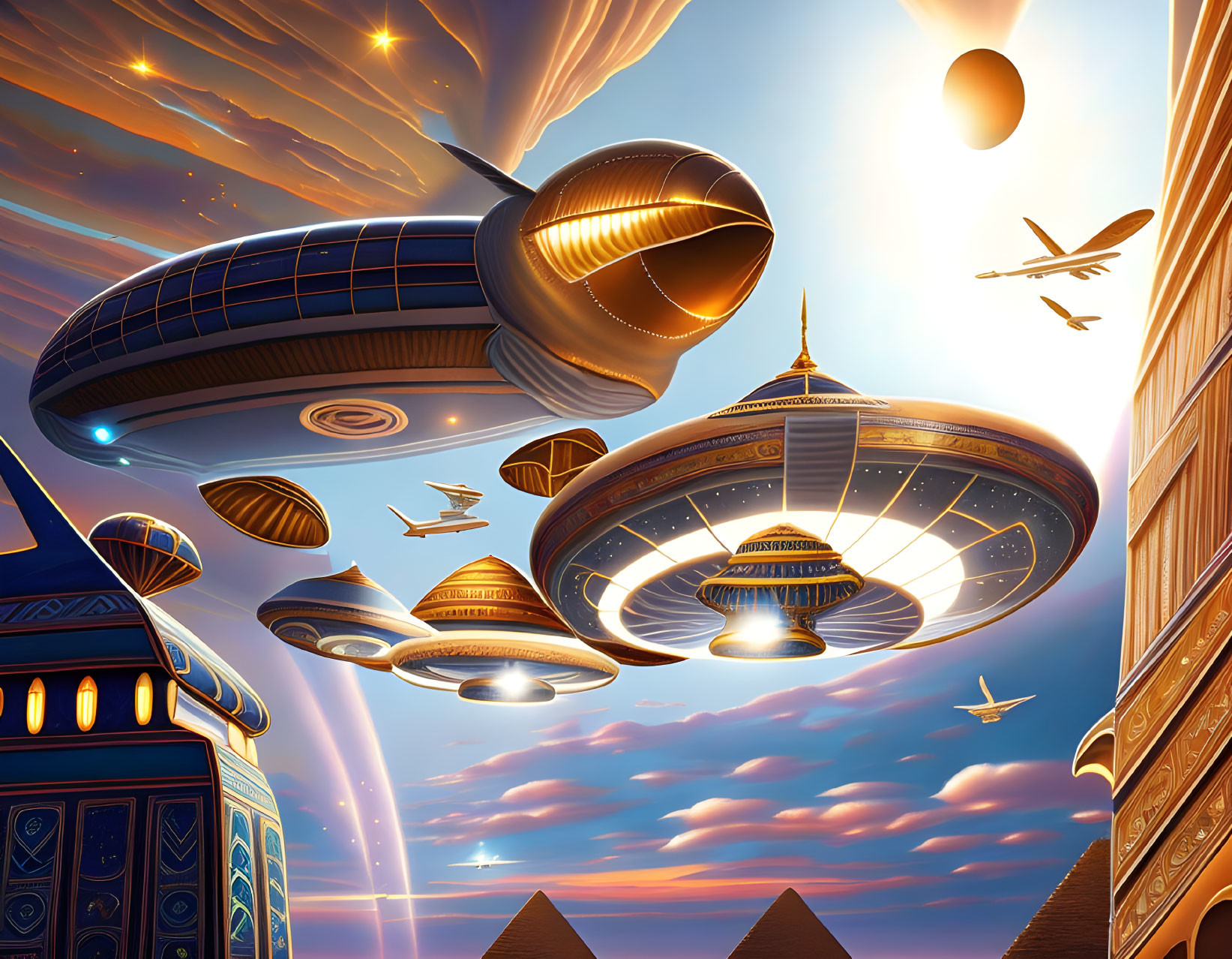 Futuristic airships, floating buildings, and pyramids in fantastical cityscape