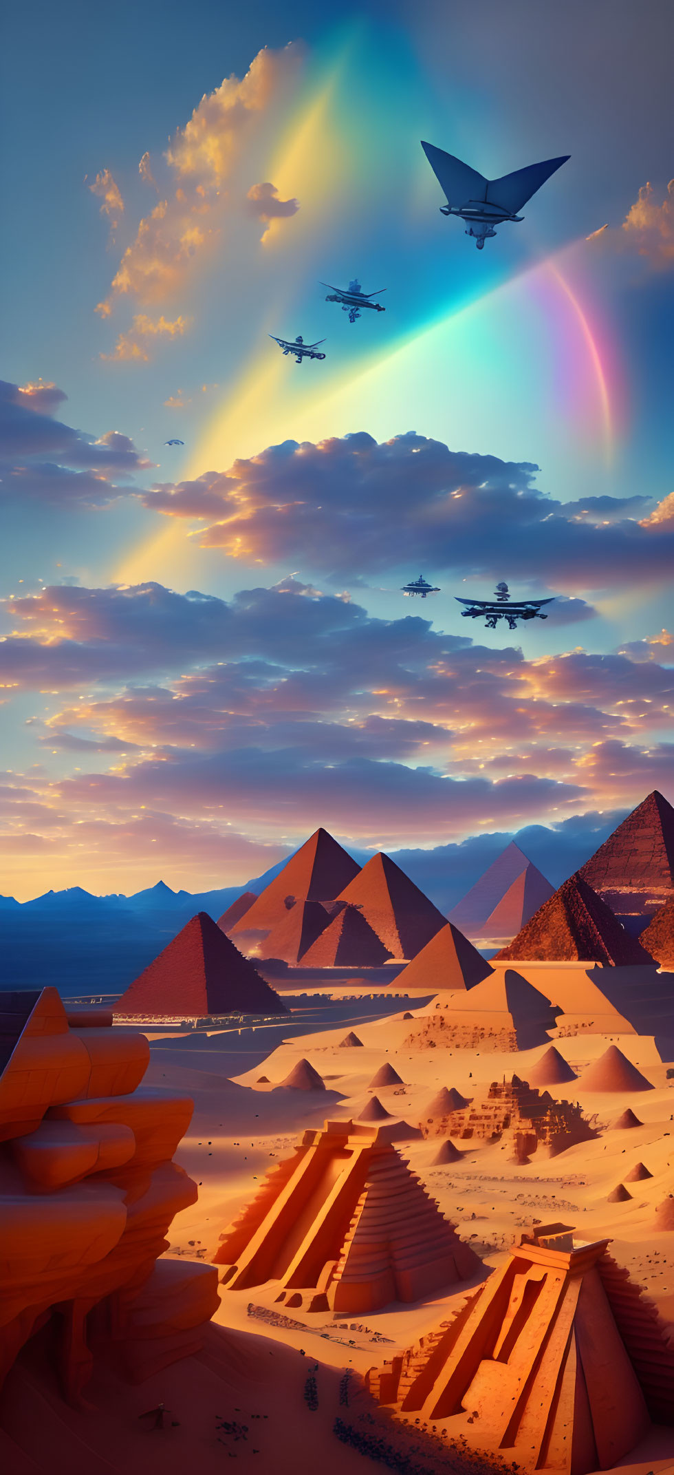 Egyptian desert with pyramids, sphinxes, rainbow, and futuristic aircraft