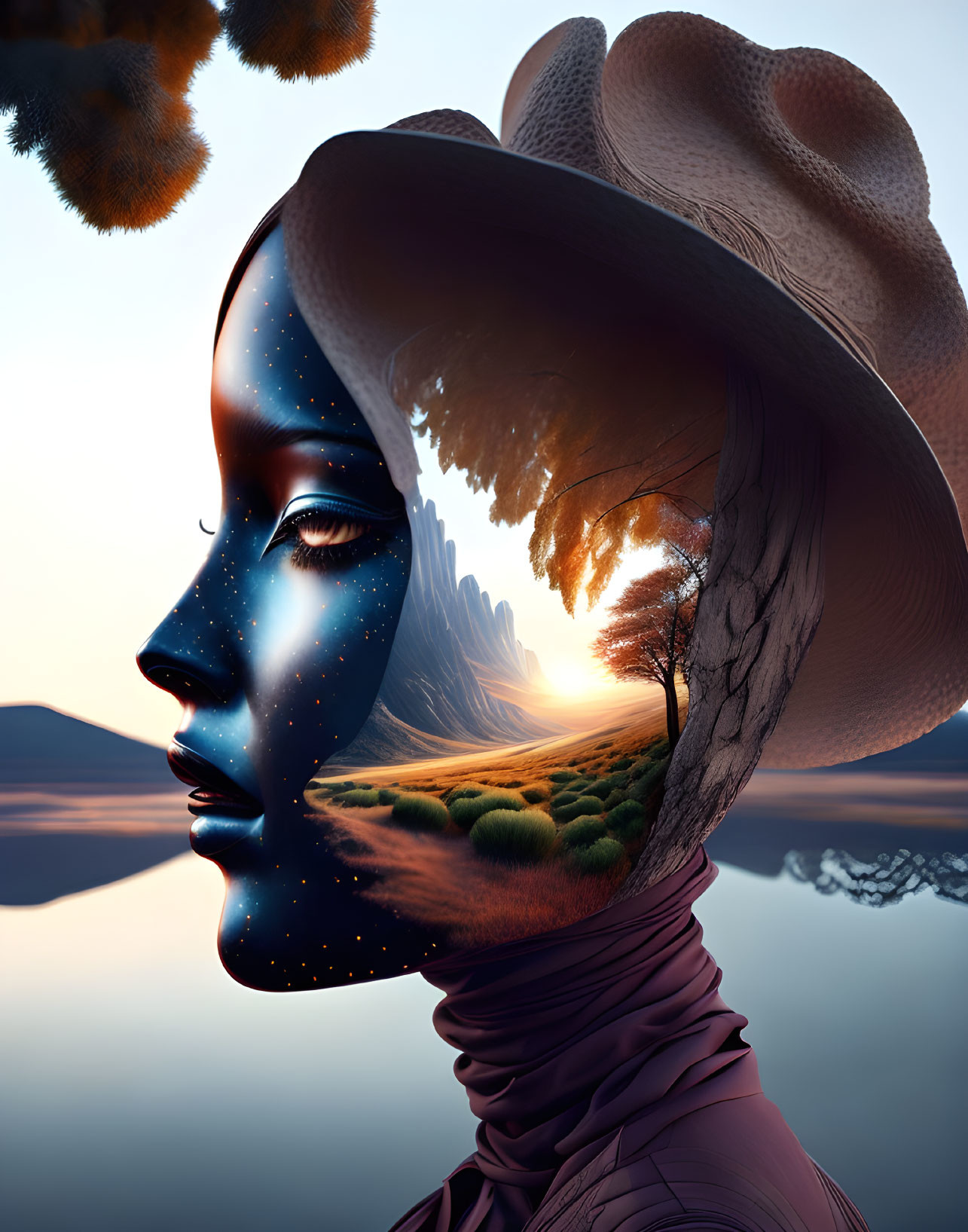 Surreal portrait combining woman's face, cosmic pattern, sunset, mountains, tree