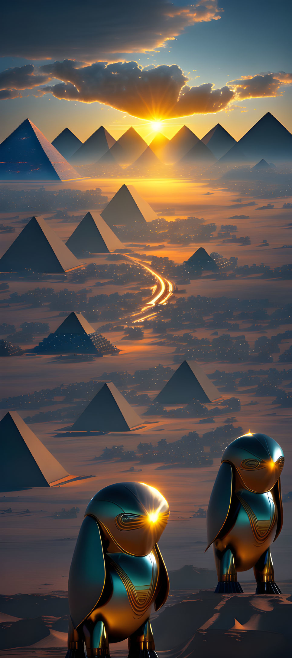 Surreal sunset landscape with pyramids, metallic bird sculptures