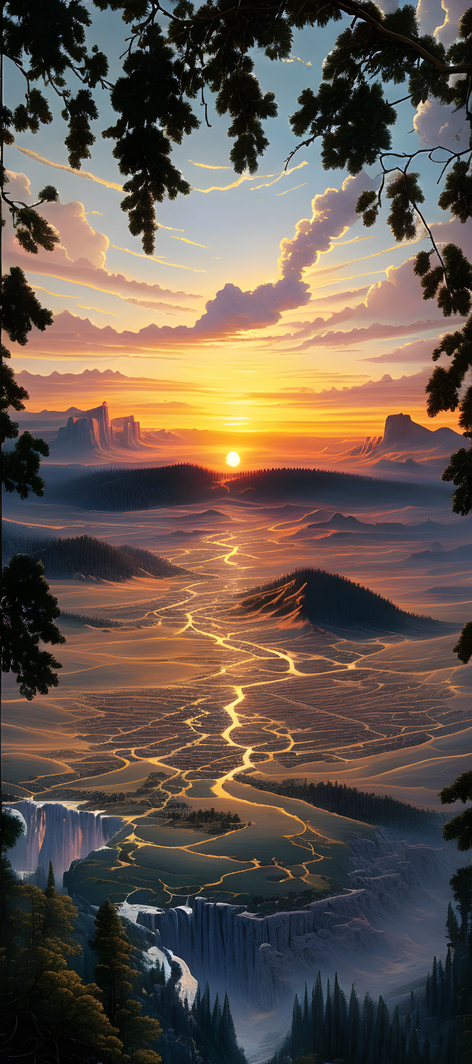 Tranquil sunset landscape with river, waterfalls, cliffs, and mountains