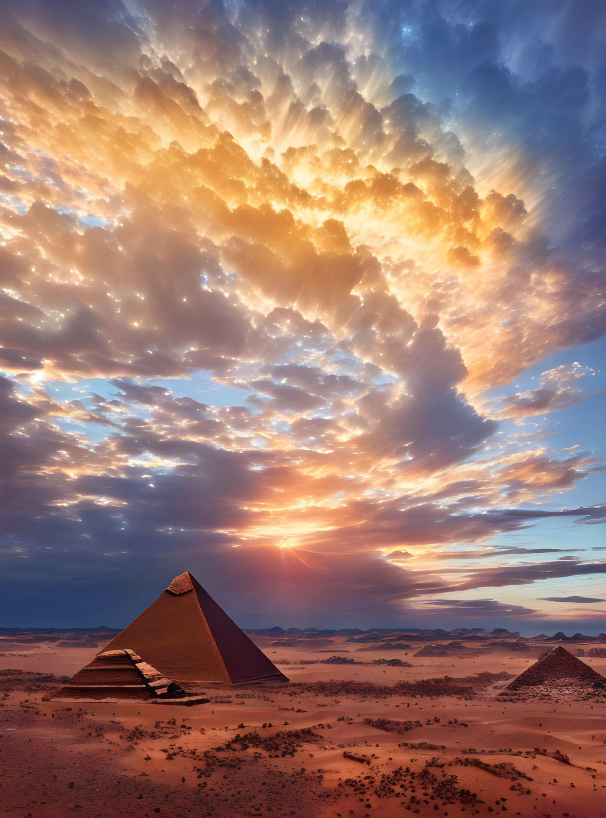 Ancient pyramids at sunrise with radiant clouds