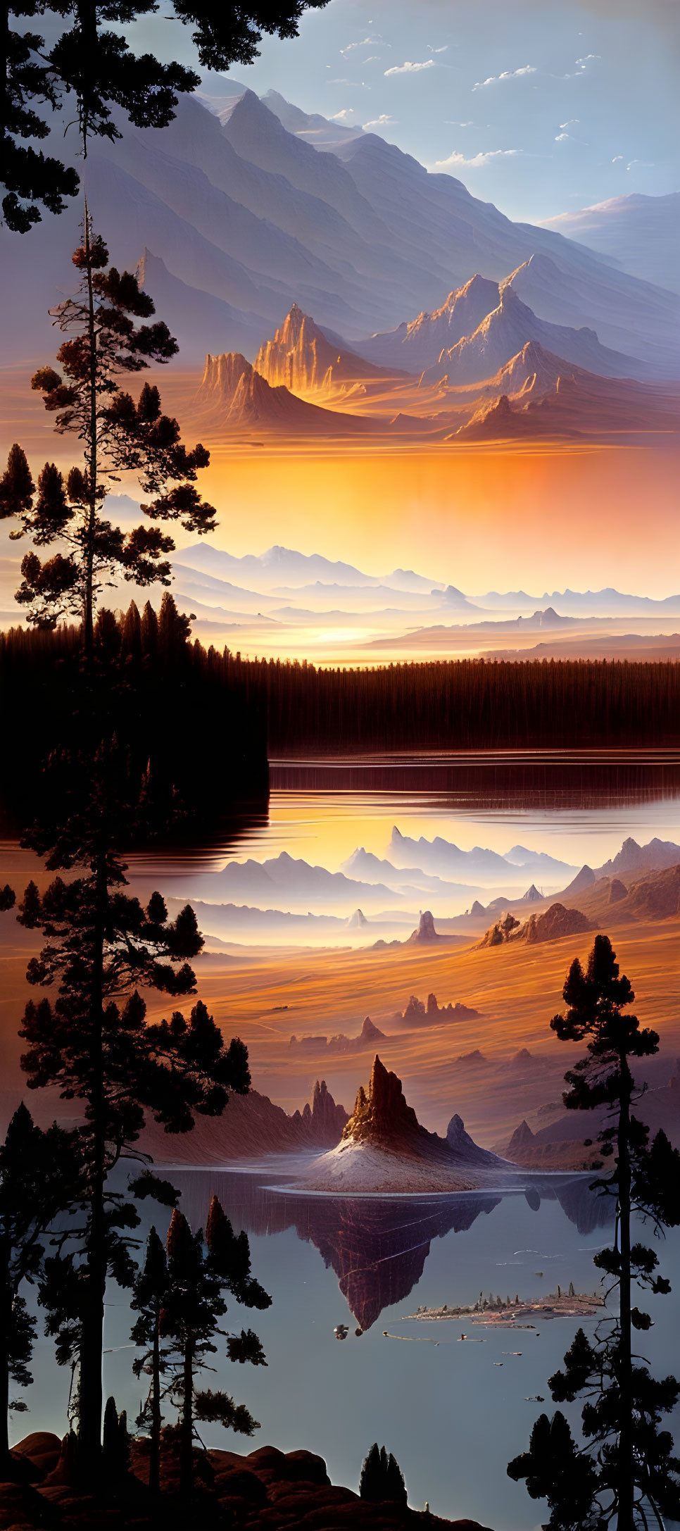 Tranquil lake, mountain range, mist layers, pine tree silhouettes