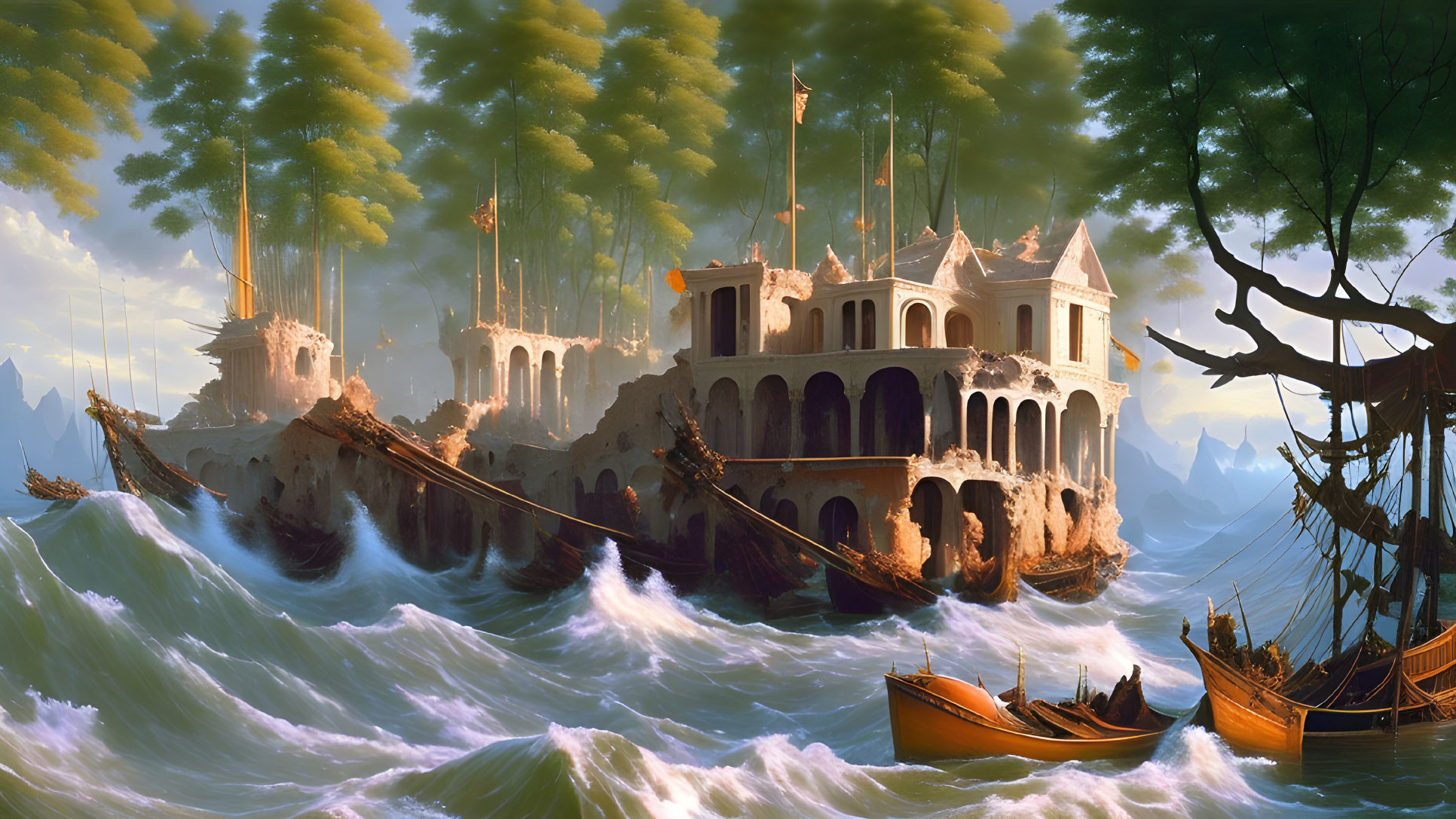 Fantastical seascape with castle-like structure on stilts amid choppy waves