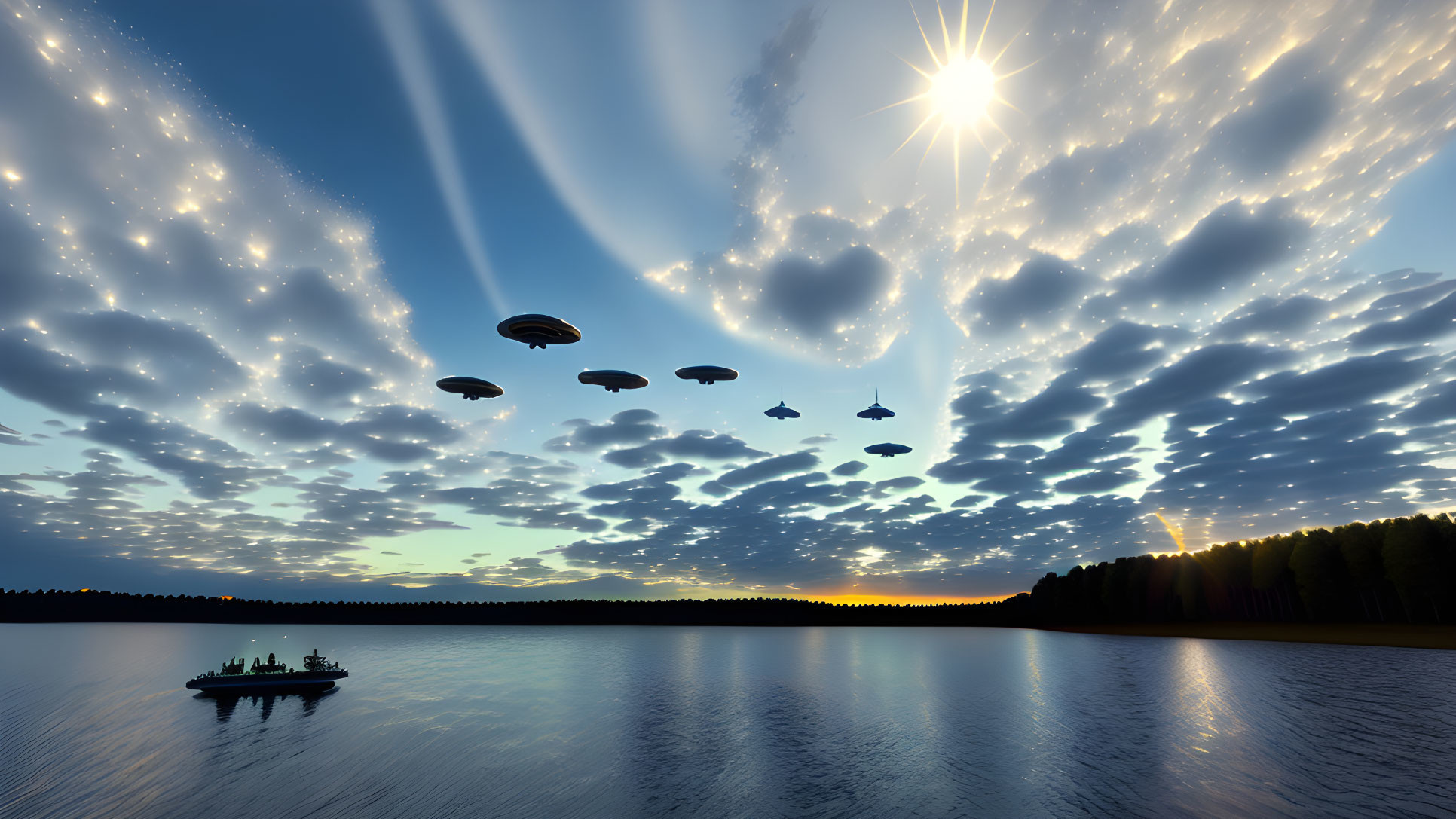 Tranquil lake with boat, forest, dramatic sky, sunbeams, flying saucers