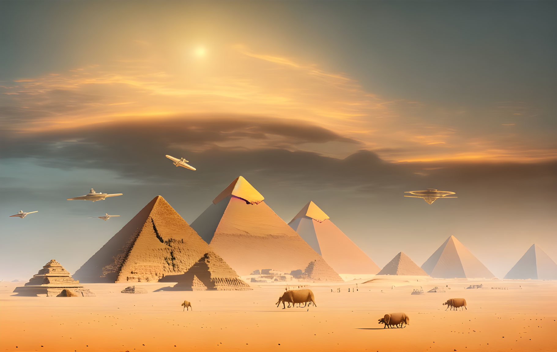 Surreal desert landscape with pyramids, spacecraft, and animals