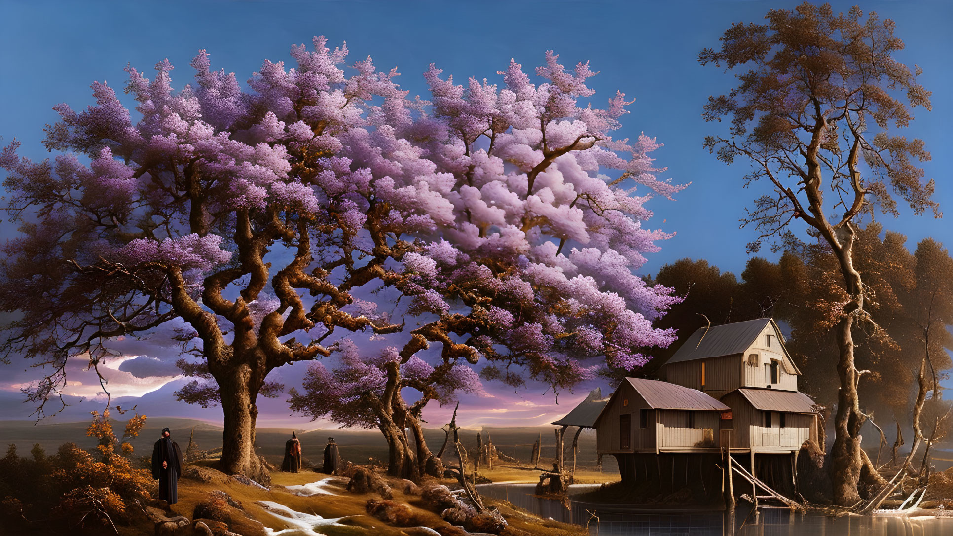 Vibrant purple tree in bloom beside stilt house near winding river