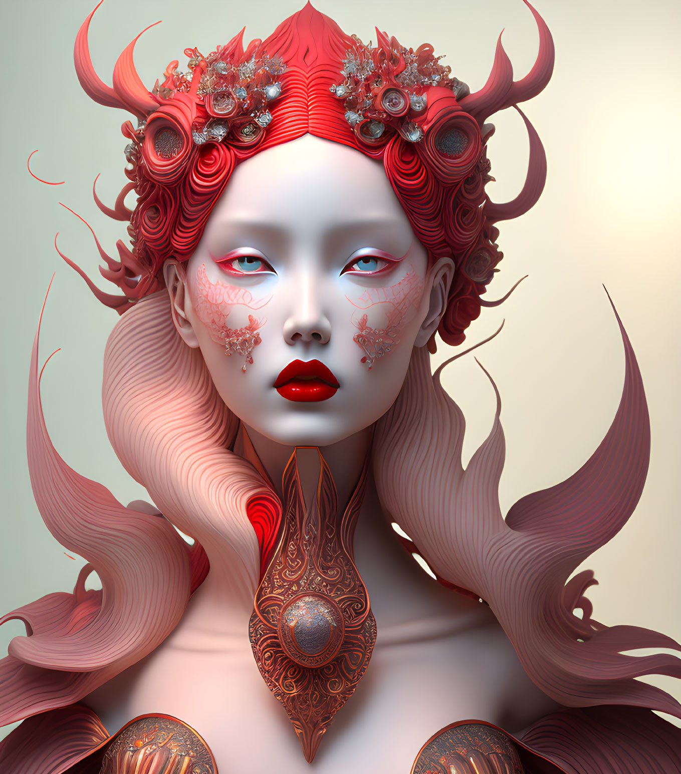 Fantastical portrait of female figure with red and white themed makeup and ornate chest armor