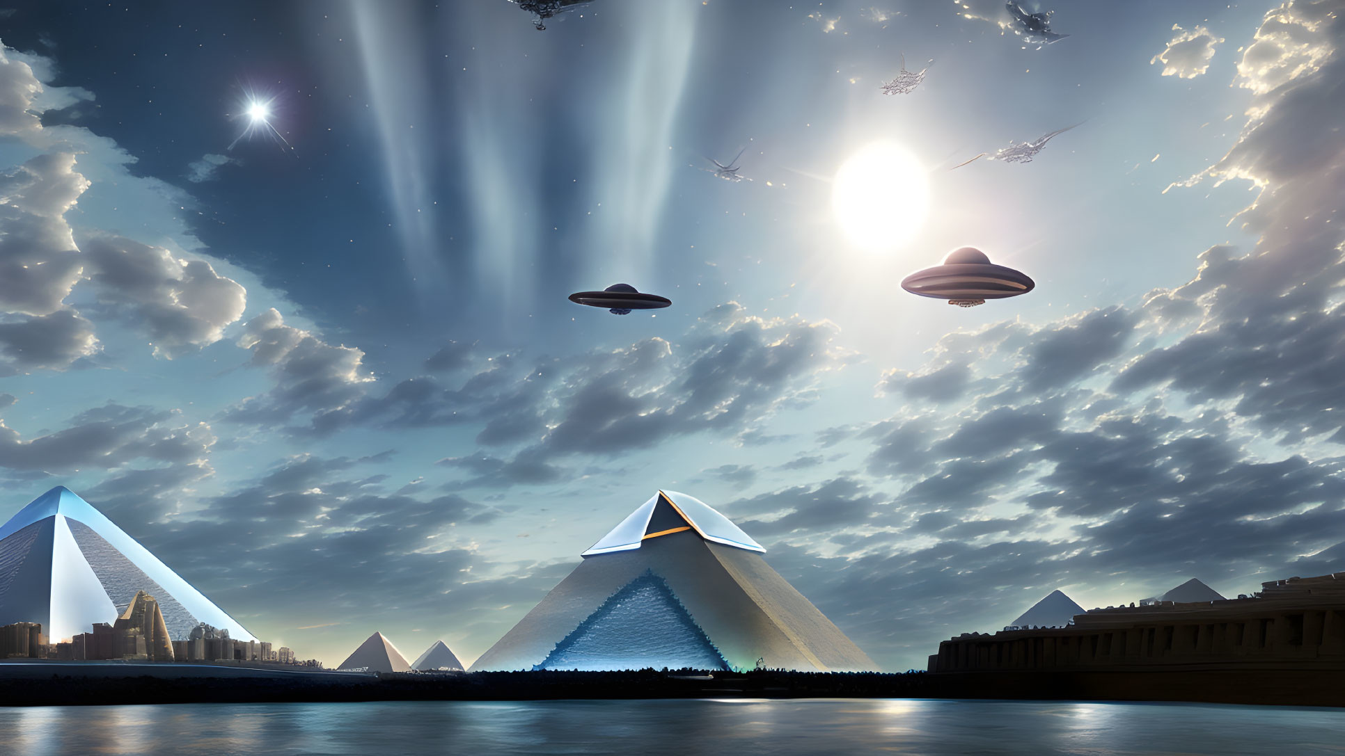 Futuristic cityscape with giant pyramid, illuminated triangles, UFOs, celestial sky