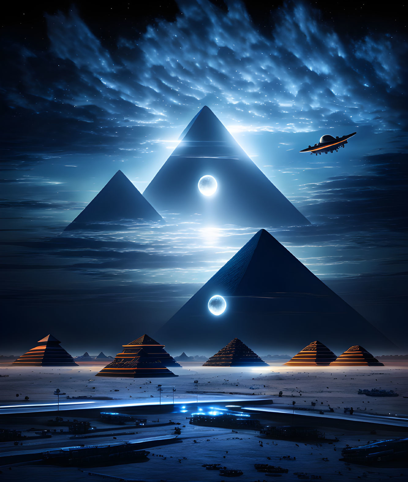 Starry night view of pyramids with glowing circles, plane, and lit pathways