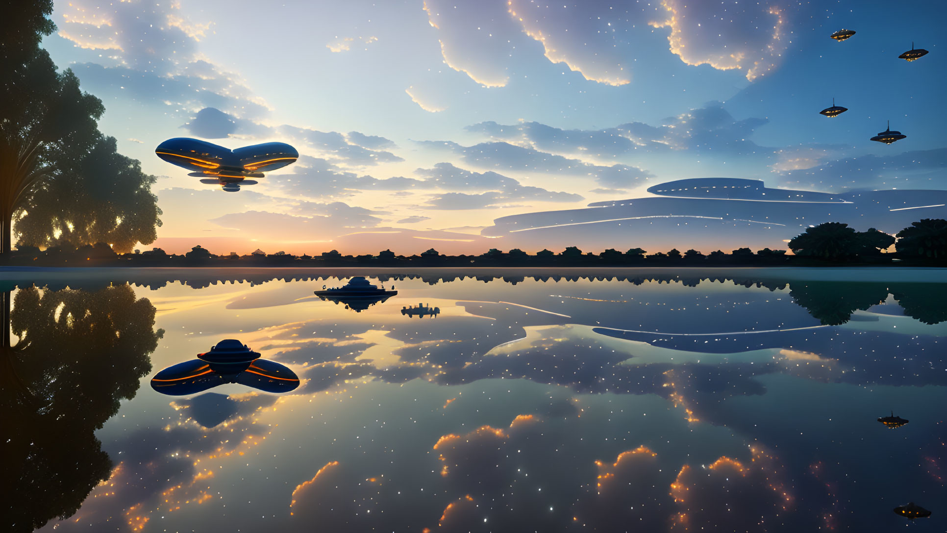 Twilight sky reflecting on calm lake with futuristic airships and silhouetted trees