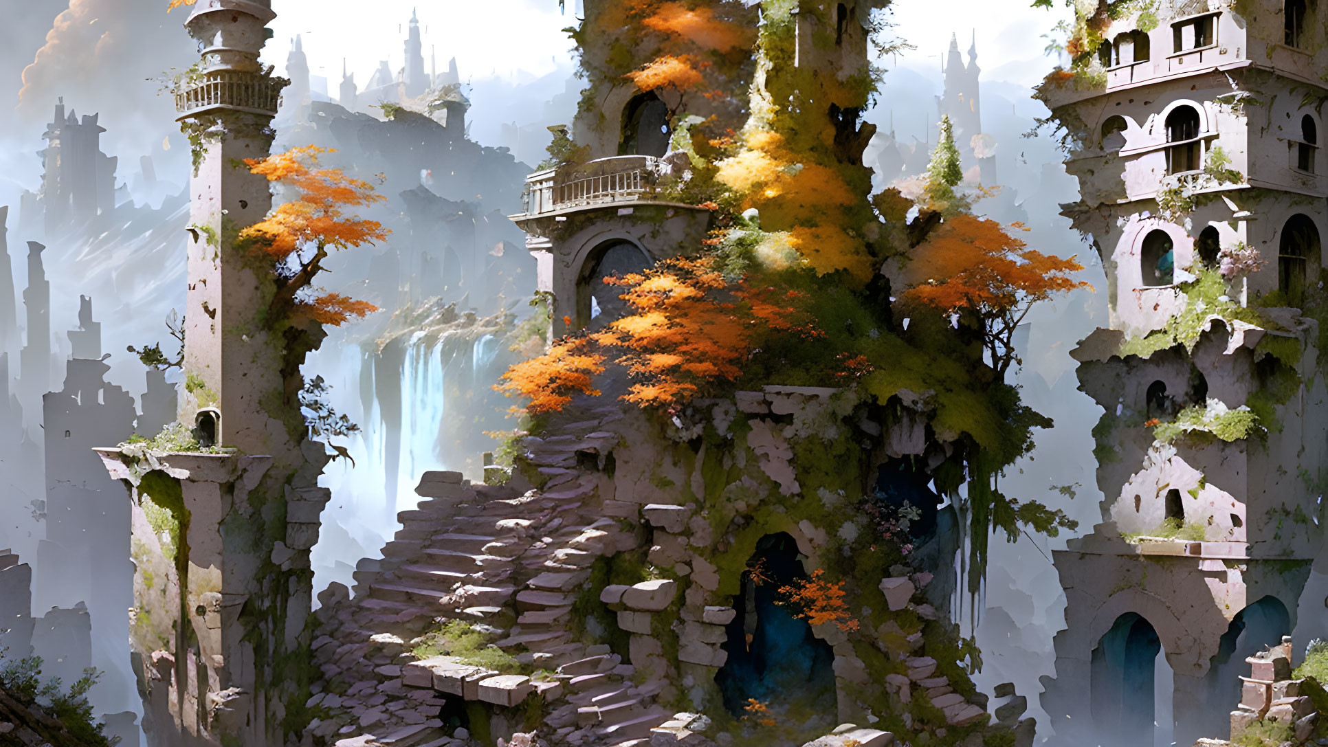 Fantasy landscape with ancient ruins, autumn foliage, waterfalls, and misty backdrops