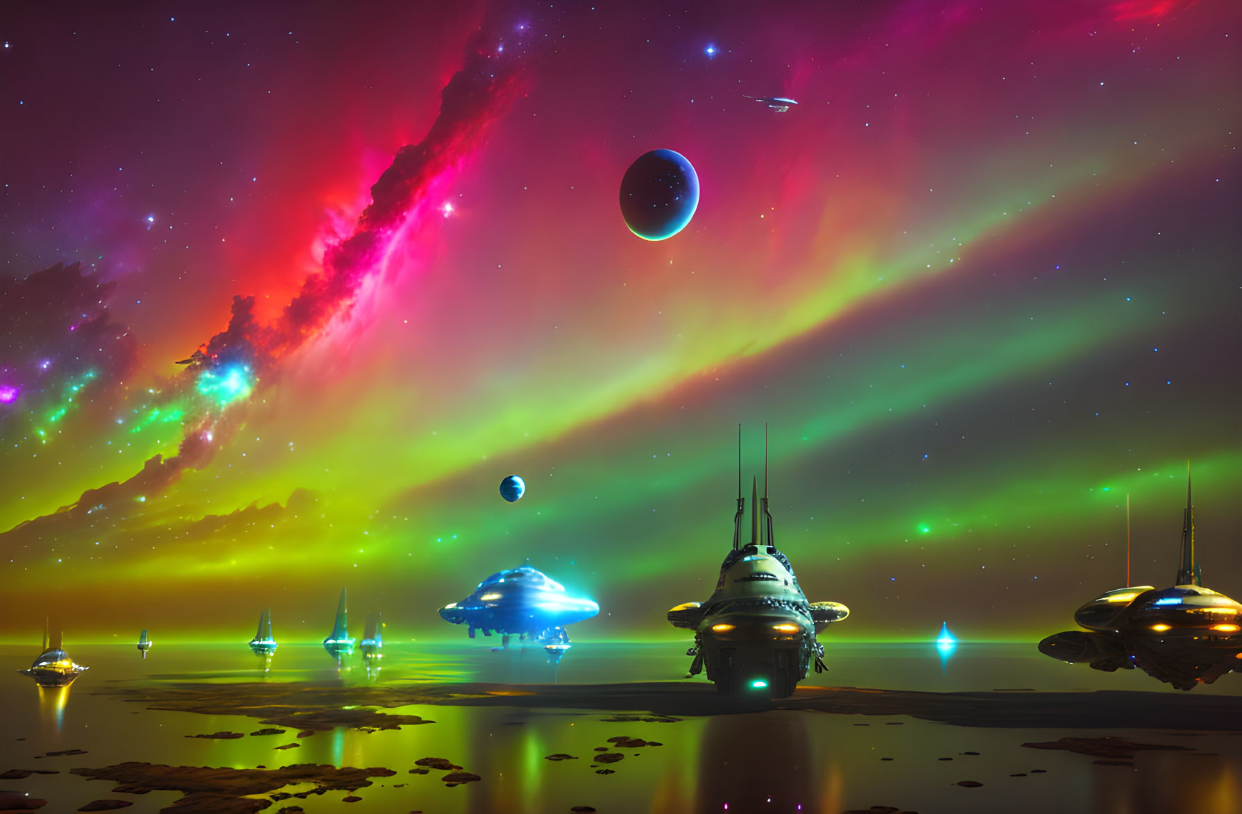 Colorful sci-fi landscape with spaceships, nebula, and planets.