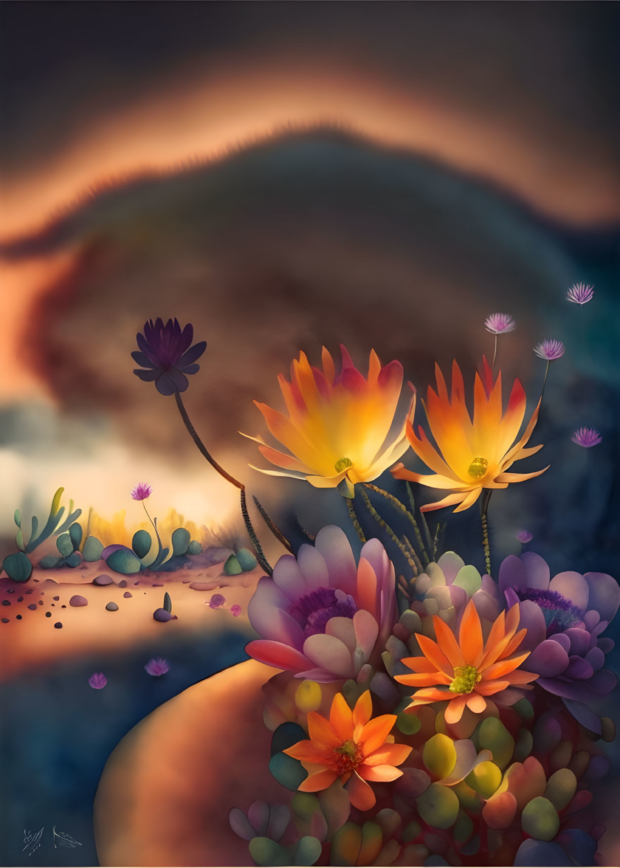 Colorful digital artwork: Stylized flowers and succulents on dreamy background.