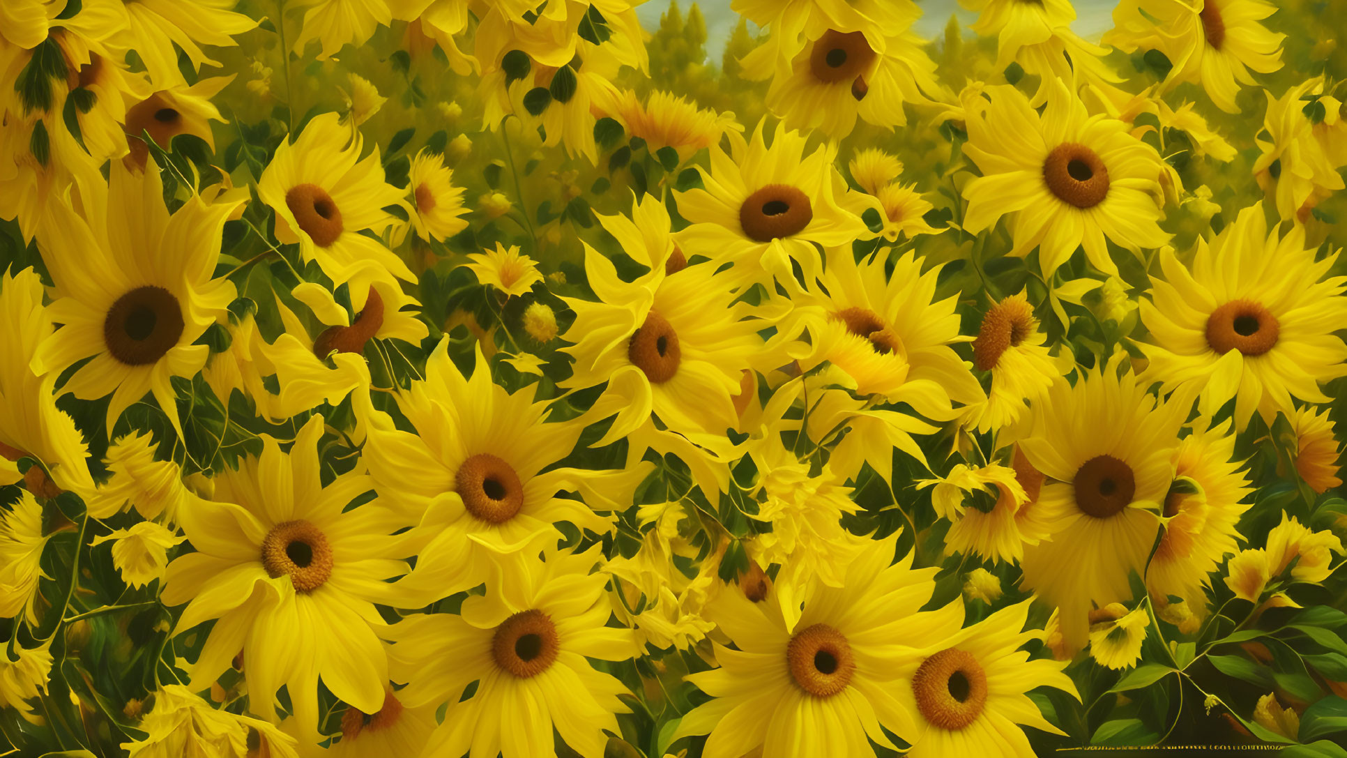 Sunflowers Field with Vibrant Yellow Petals and Green Background