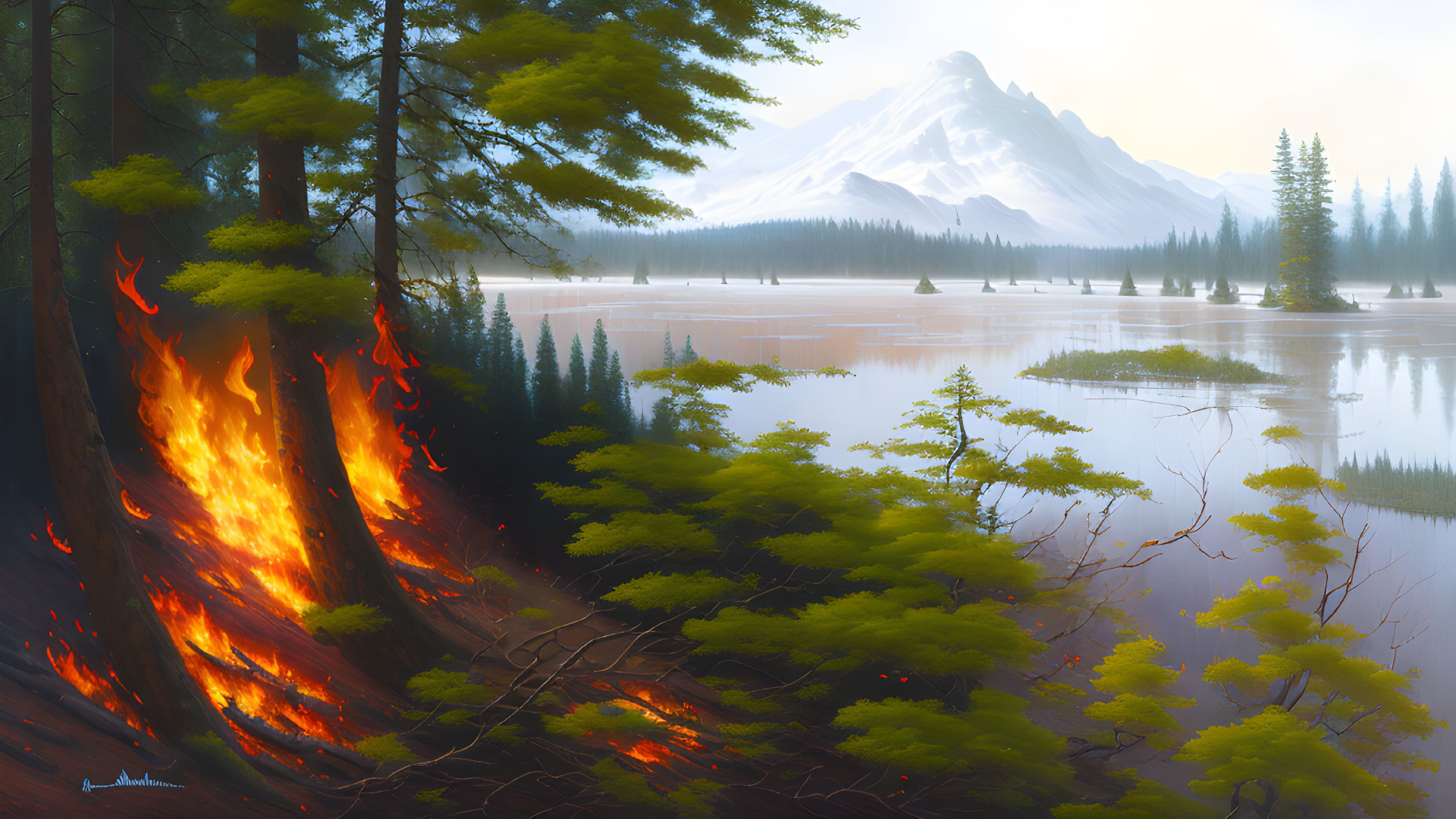 Tranquil forest scene with snowy mountain, lake reflection, and small fire.