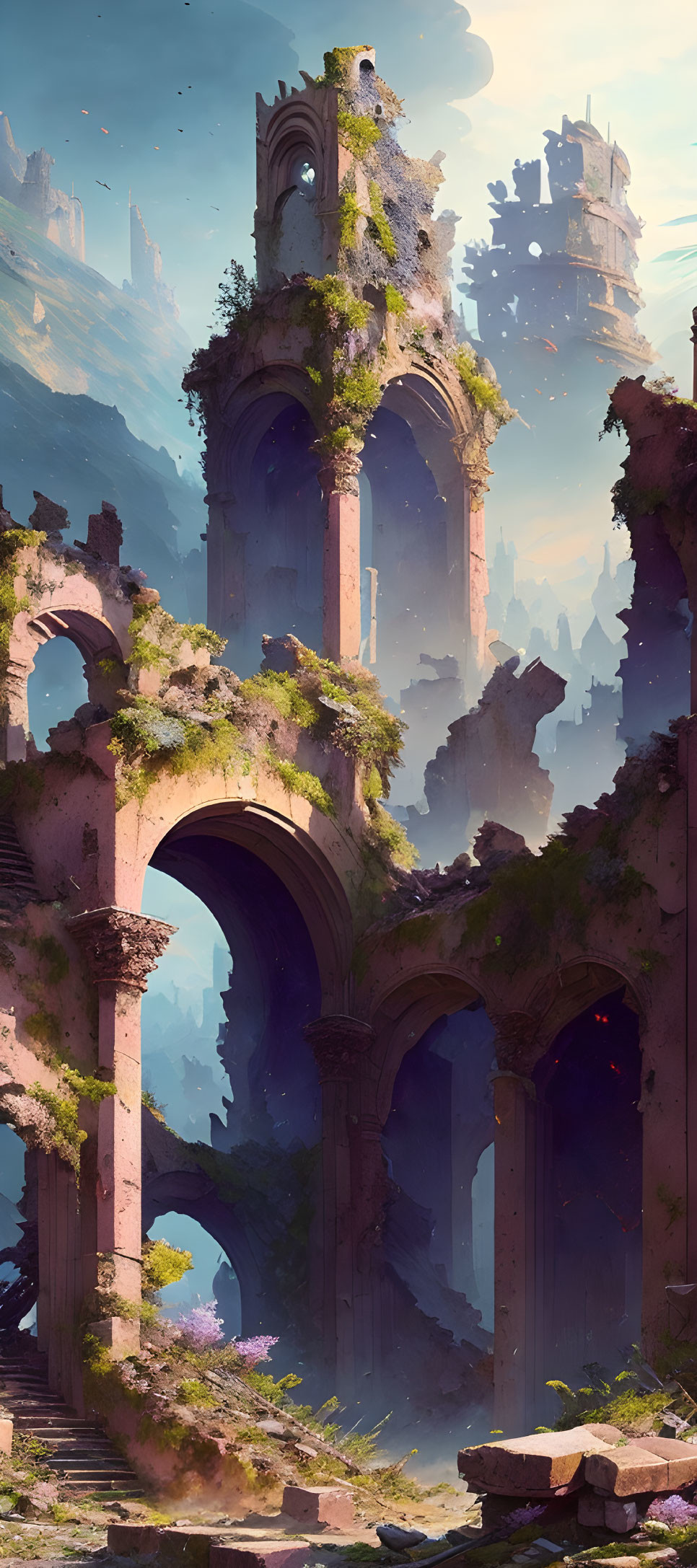 Ancient towering structure ruins in lush landscape