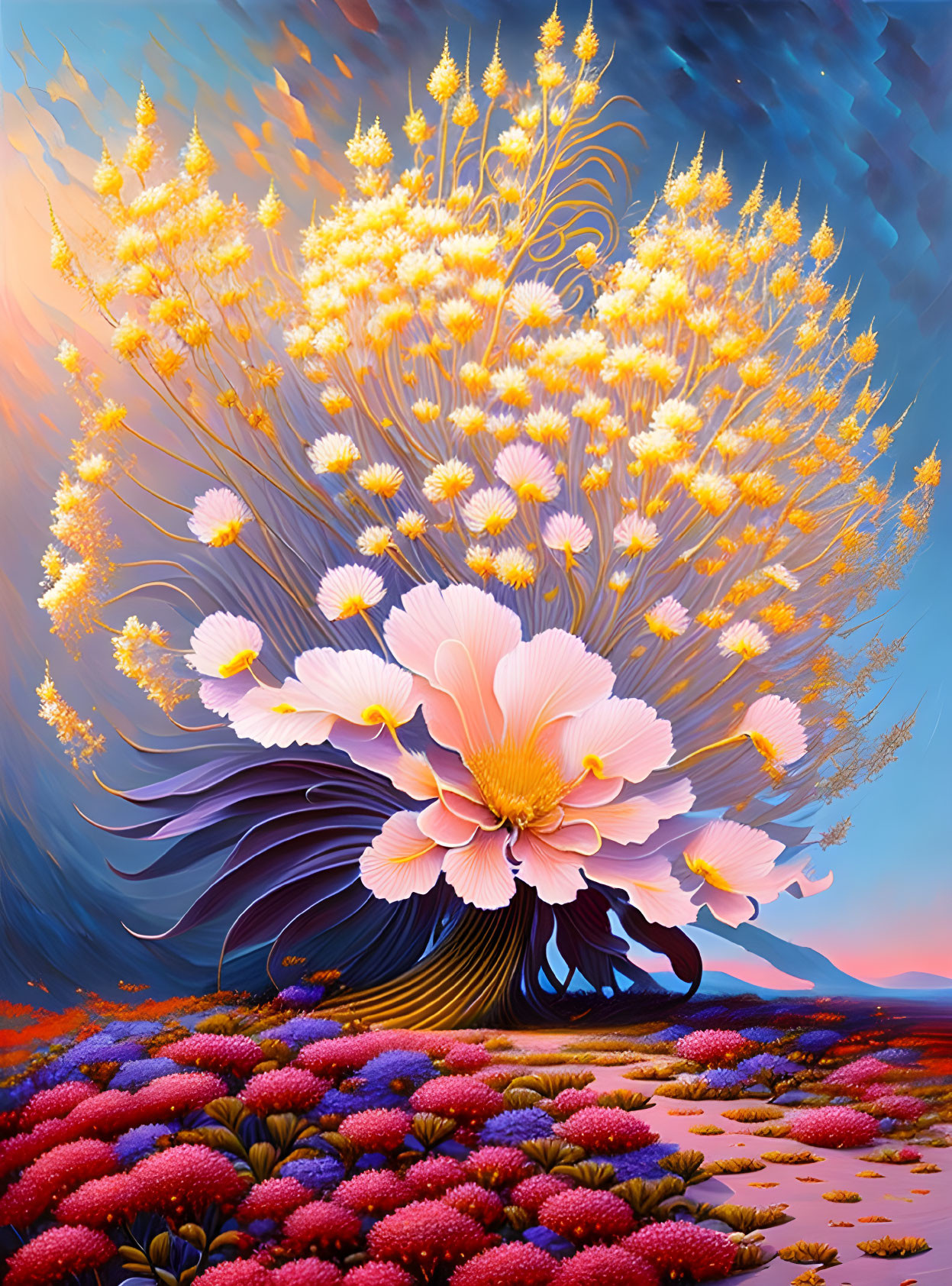 Colorful painting of a fantastical tree in a vibrant landscape