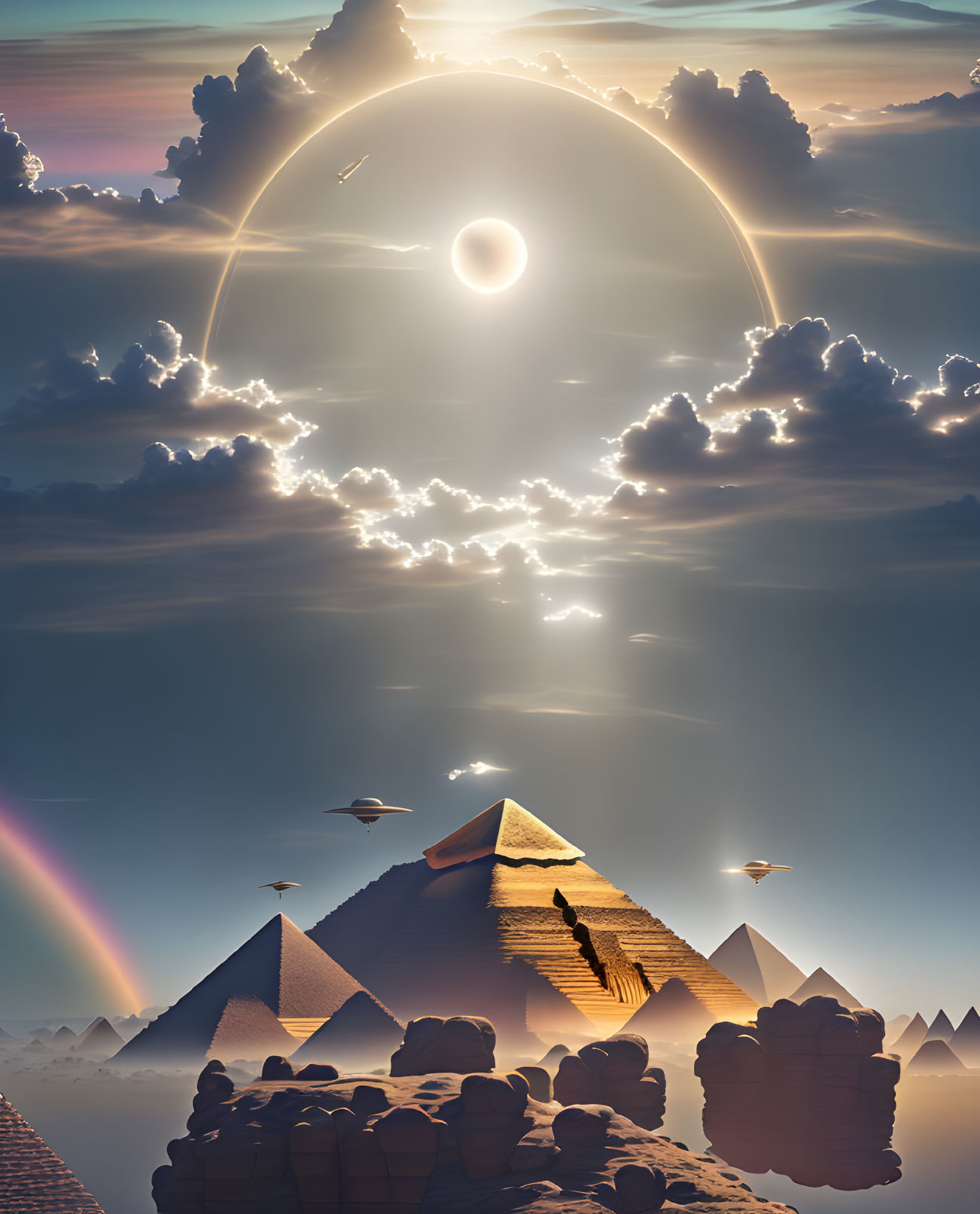 Digital artwork: Egyptian pyramids at sunset with futuristic elements