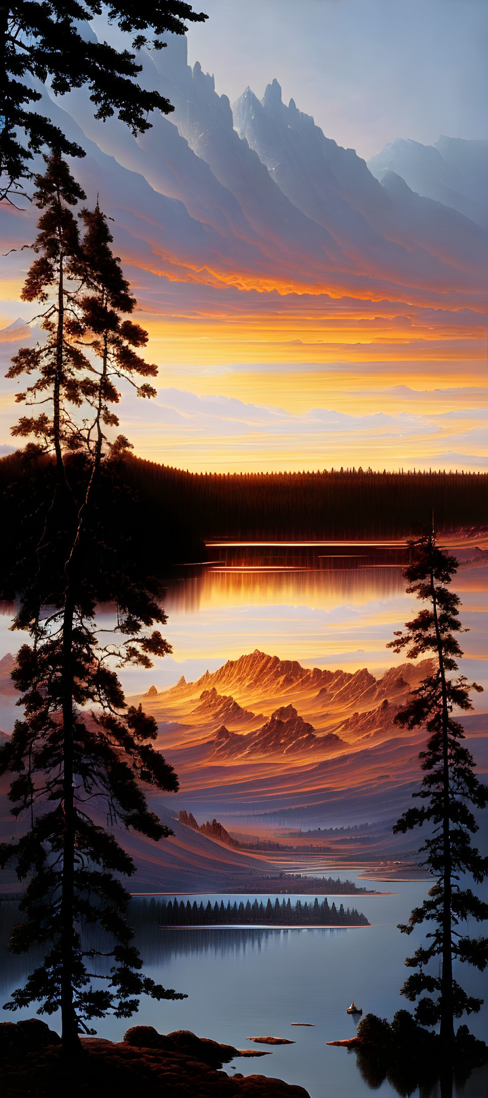 Scenic mountain landscape at sunset with radiant clouds reflecting in tranquil lake