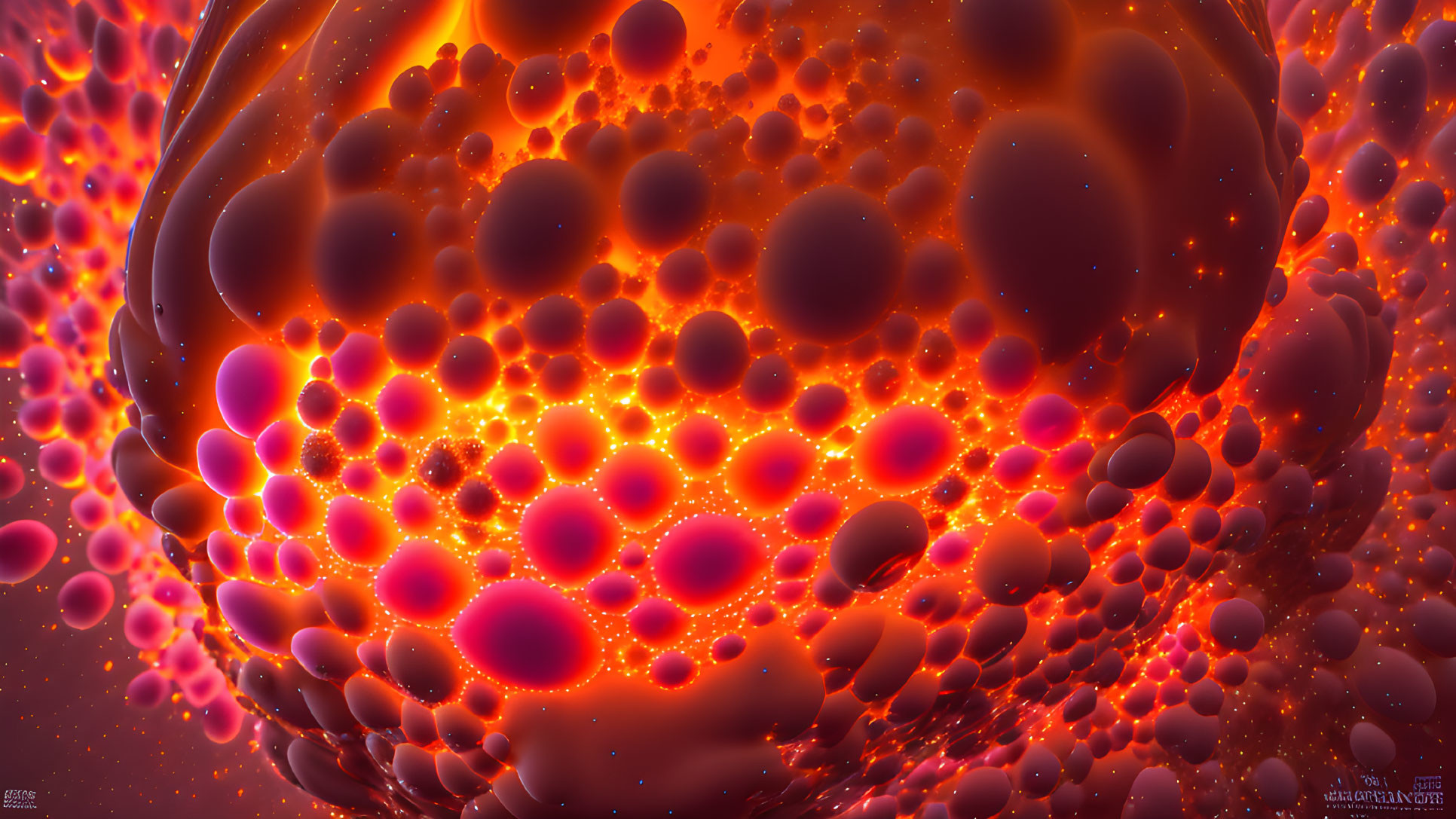 Abstract computer-generated image of glowing red and purple spheres