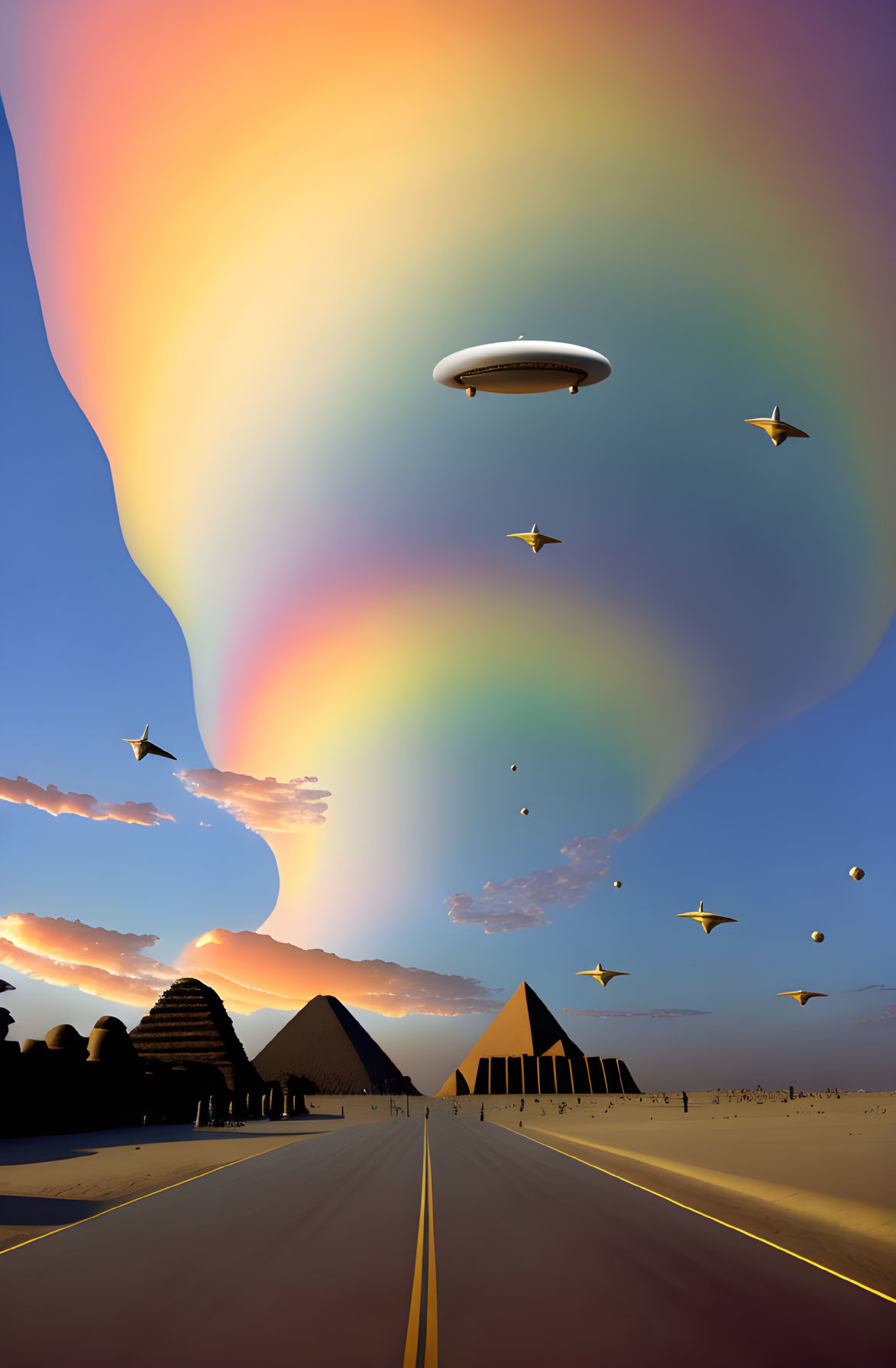 Surreal landscape with road, pyramids, rainbow, flying saucers, and stars