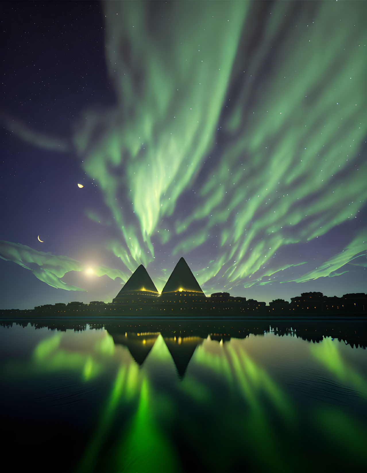 Aurora Borealis Over Silhouetted Pyramids and Crescent Moon