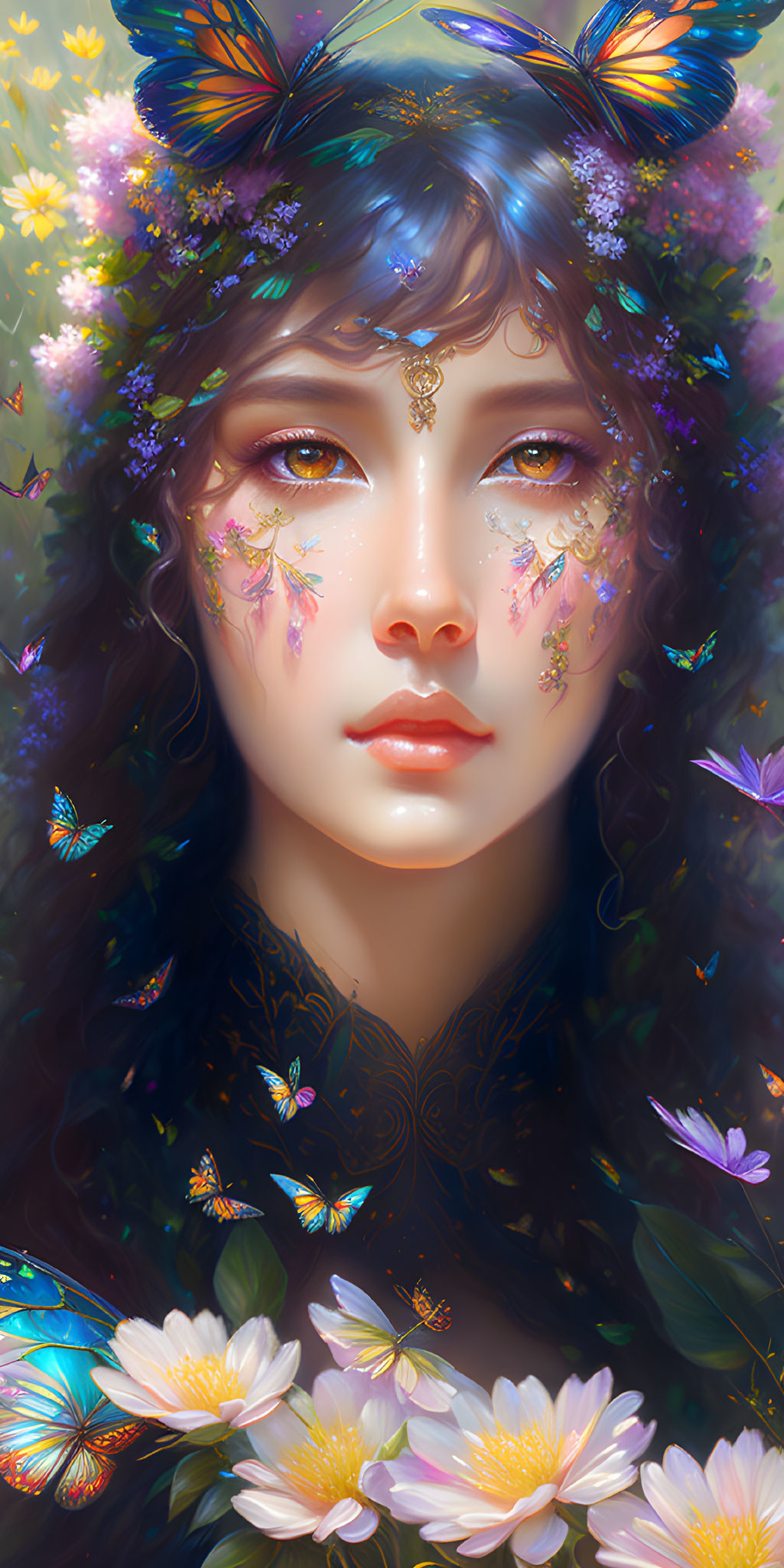 Colorful flowers and butterflies adorn woman's digital portrait with intricate jewelry