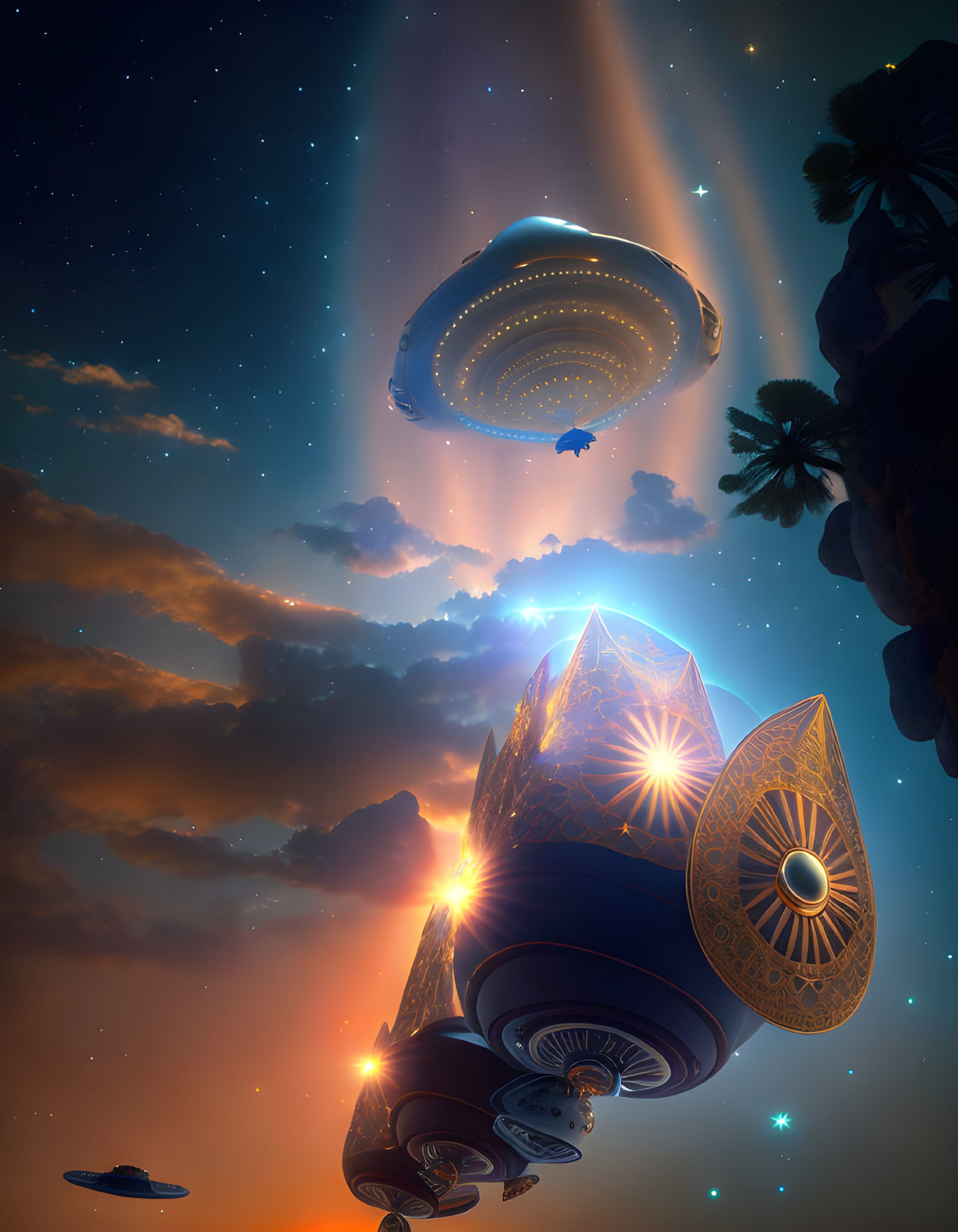 Detailed artwork: Flying saucer above intricate towers in starlit sky with aurora.