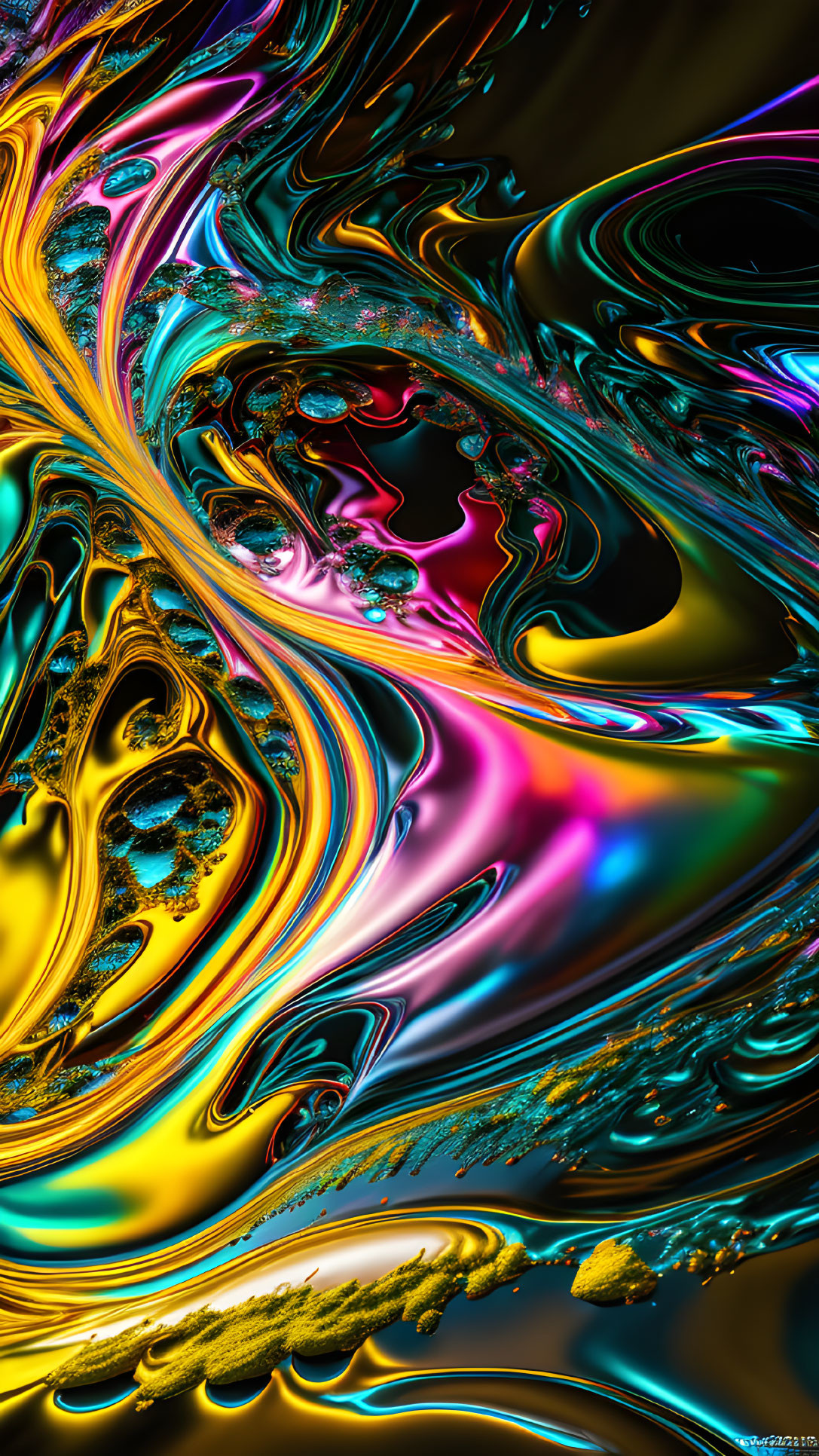 Colorful Liquid Swirl Patterns: Blue, Pink, Gold, Green on Black