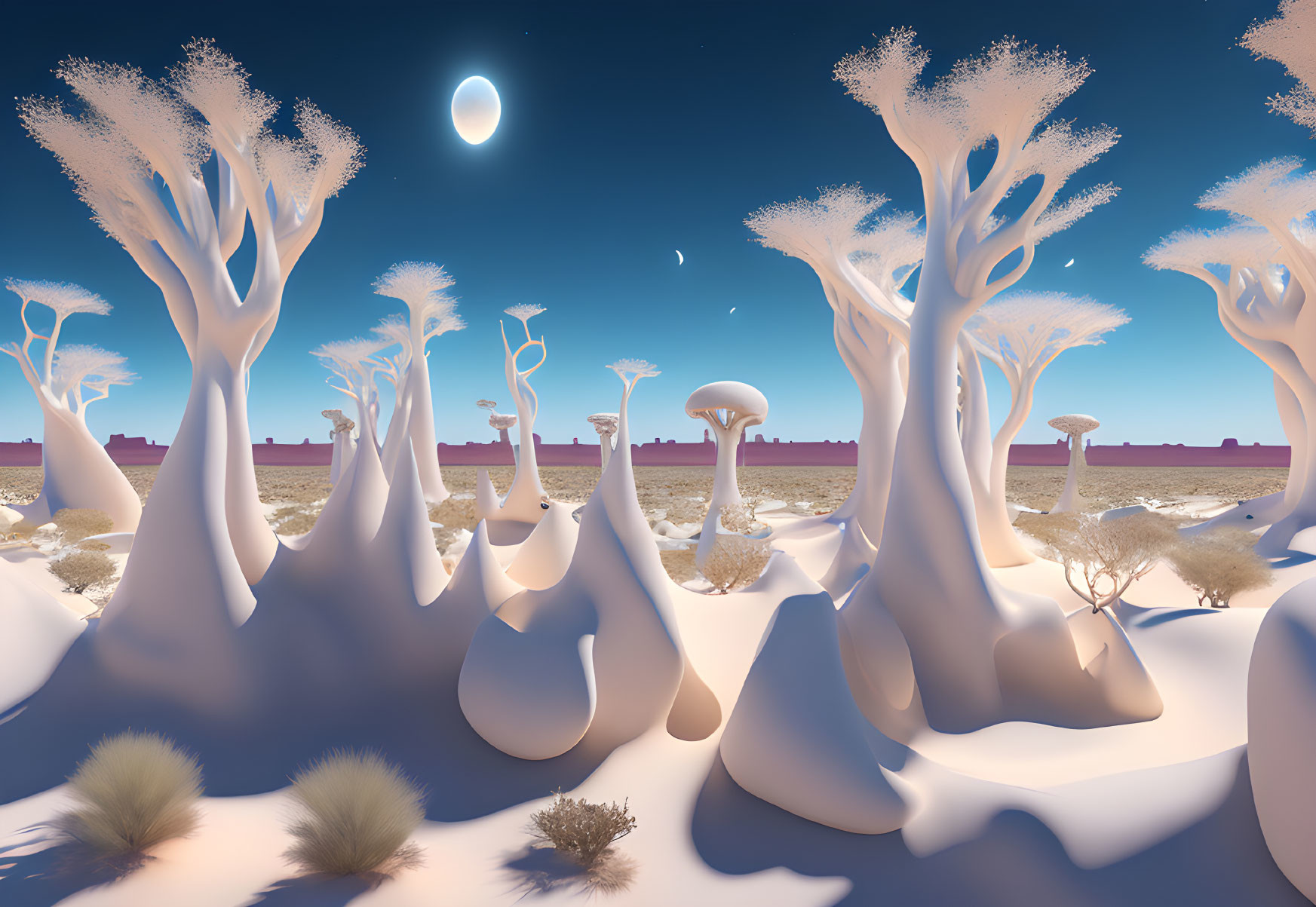 Surreal desert landscape with white tree-like structures under multiple moons or planets in blue sky