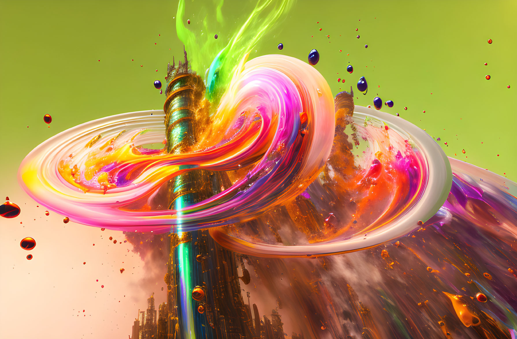 Colorful Abstract 3D Rendering with Swirling Colors and Futuristic Structures