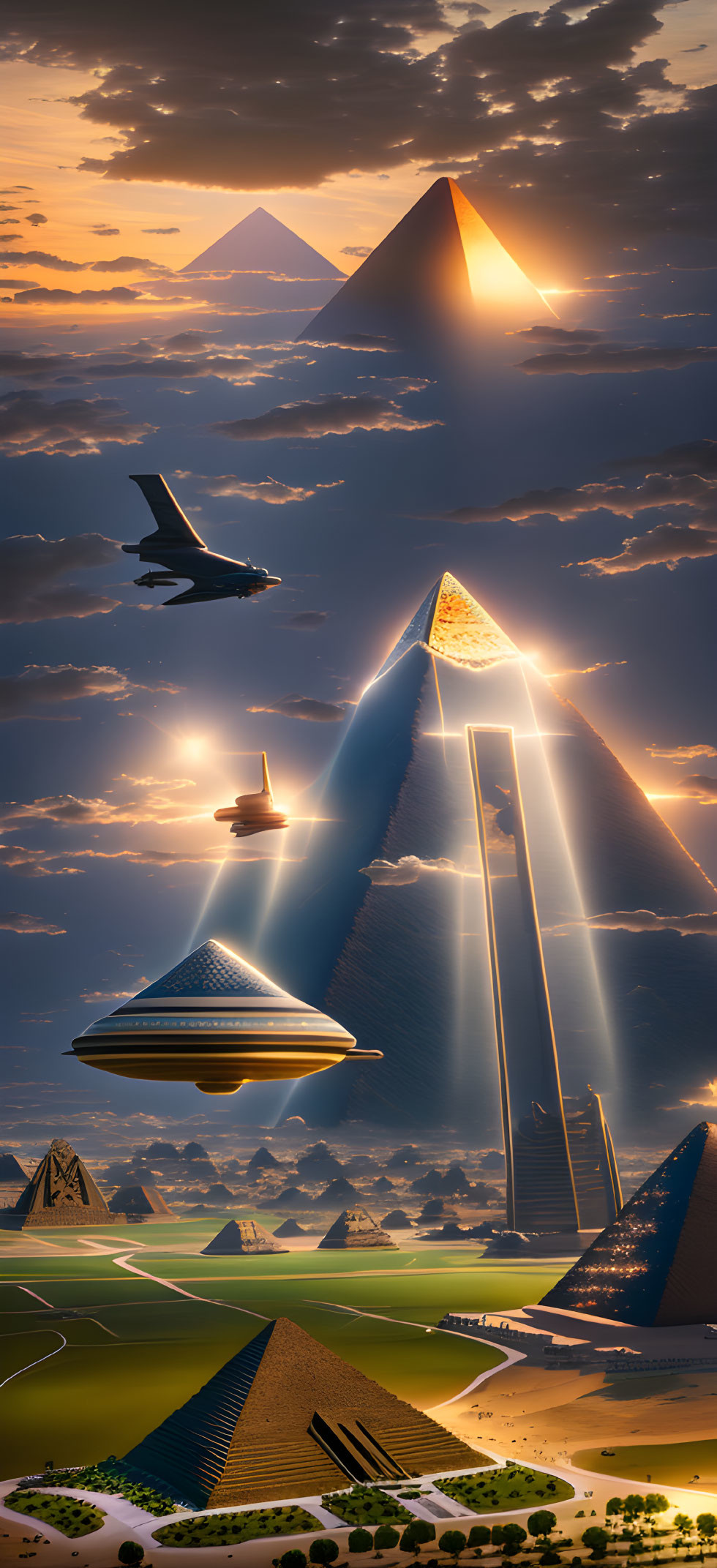 Pyramids merged with futuristic elements under dramatic sunset sky