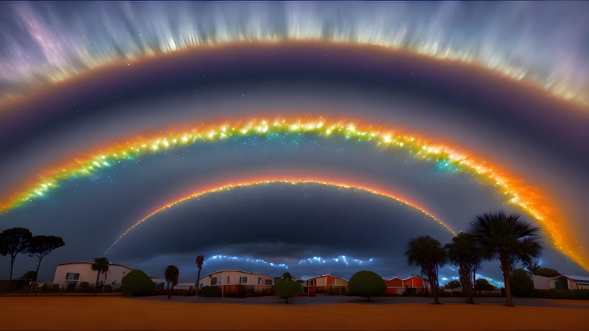 Vibrant multicolored halo over palm trees and houses at night