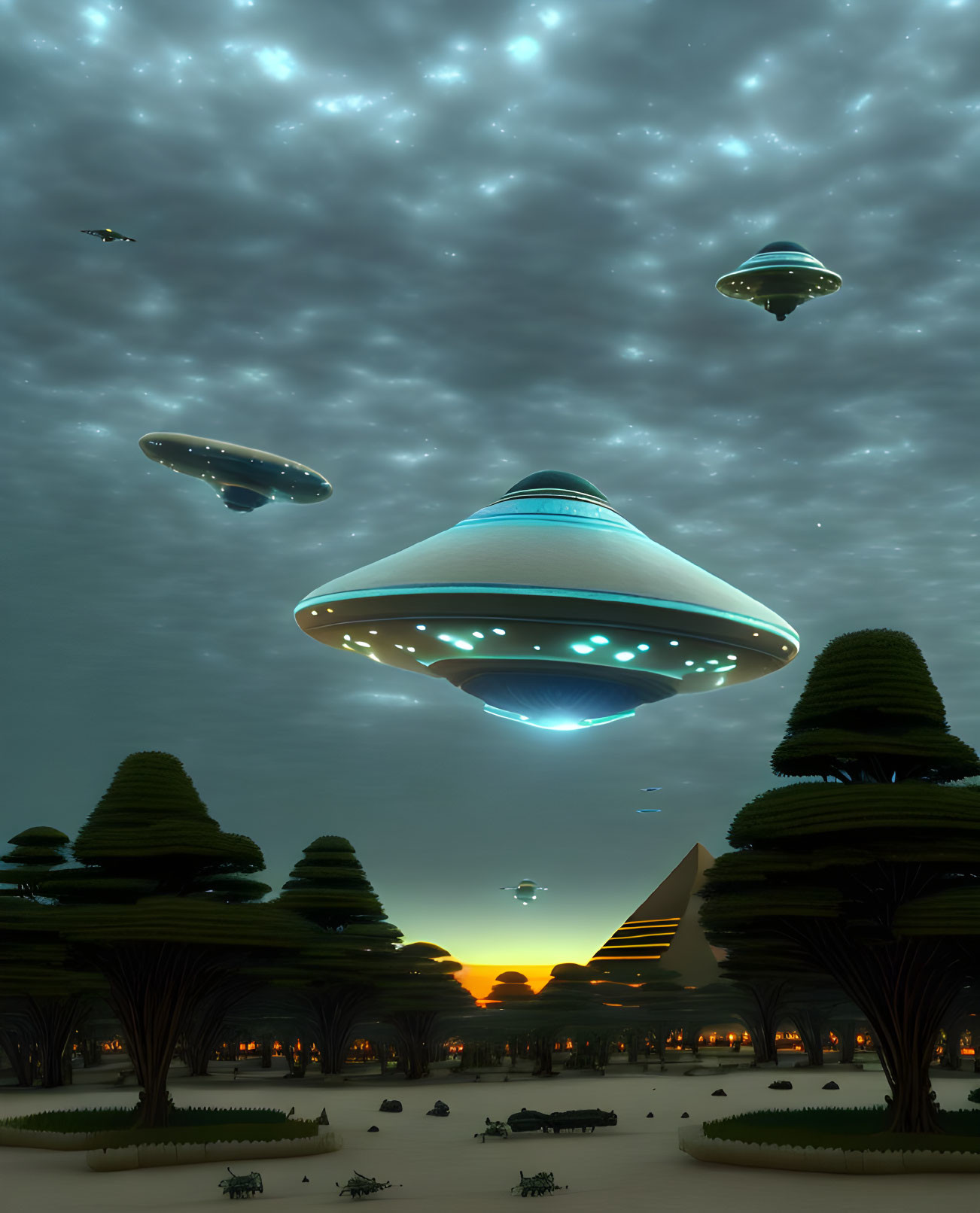 Surreal dusk landscape with flying saucers, pyramids, and topiary trees