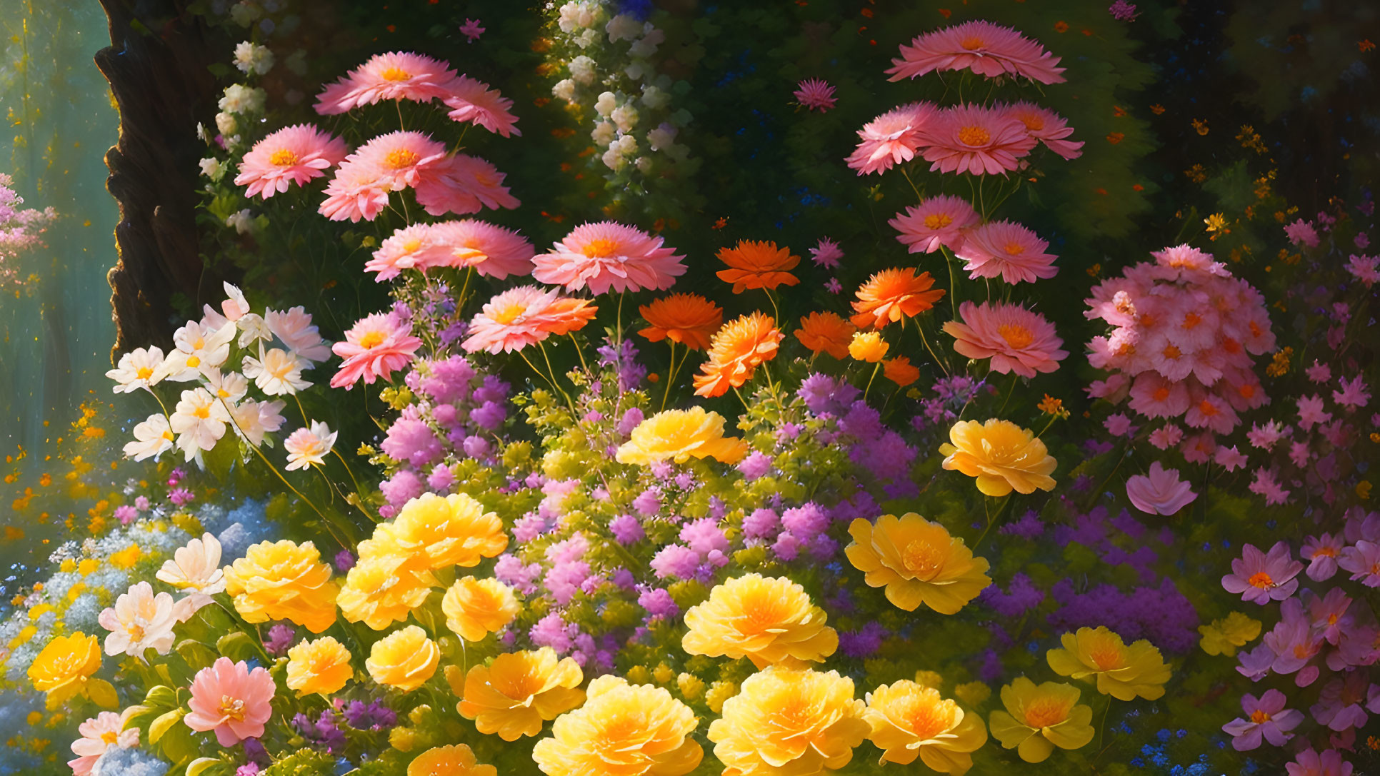 Colorful Flowers Painting in Soft Sunlight and Dark Wooded Background