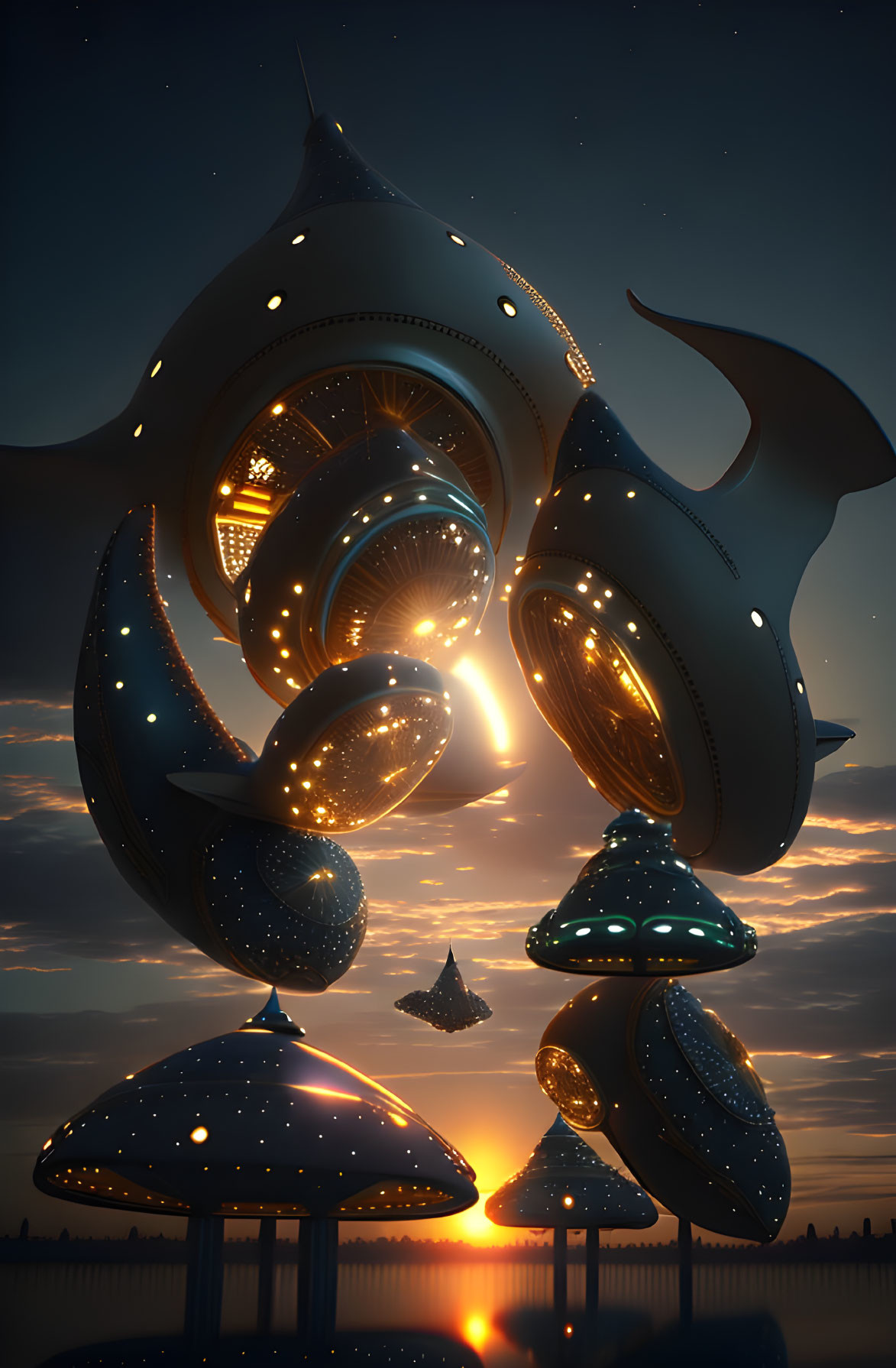 Futuristic spaceships with glowing lights over serene lakeside at dusk