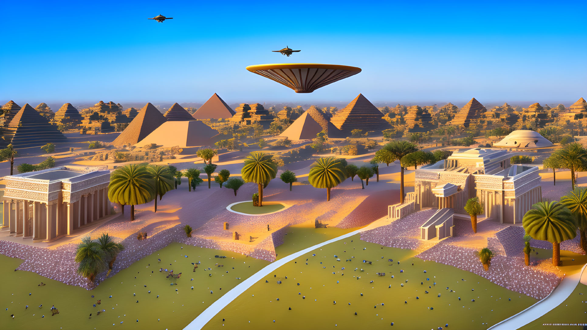 Futuristic depiction of ancient Egyptian pyramids and temples