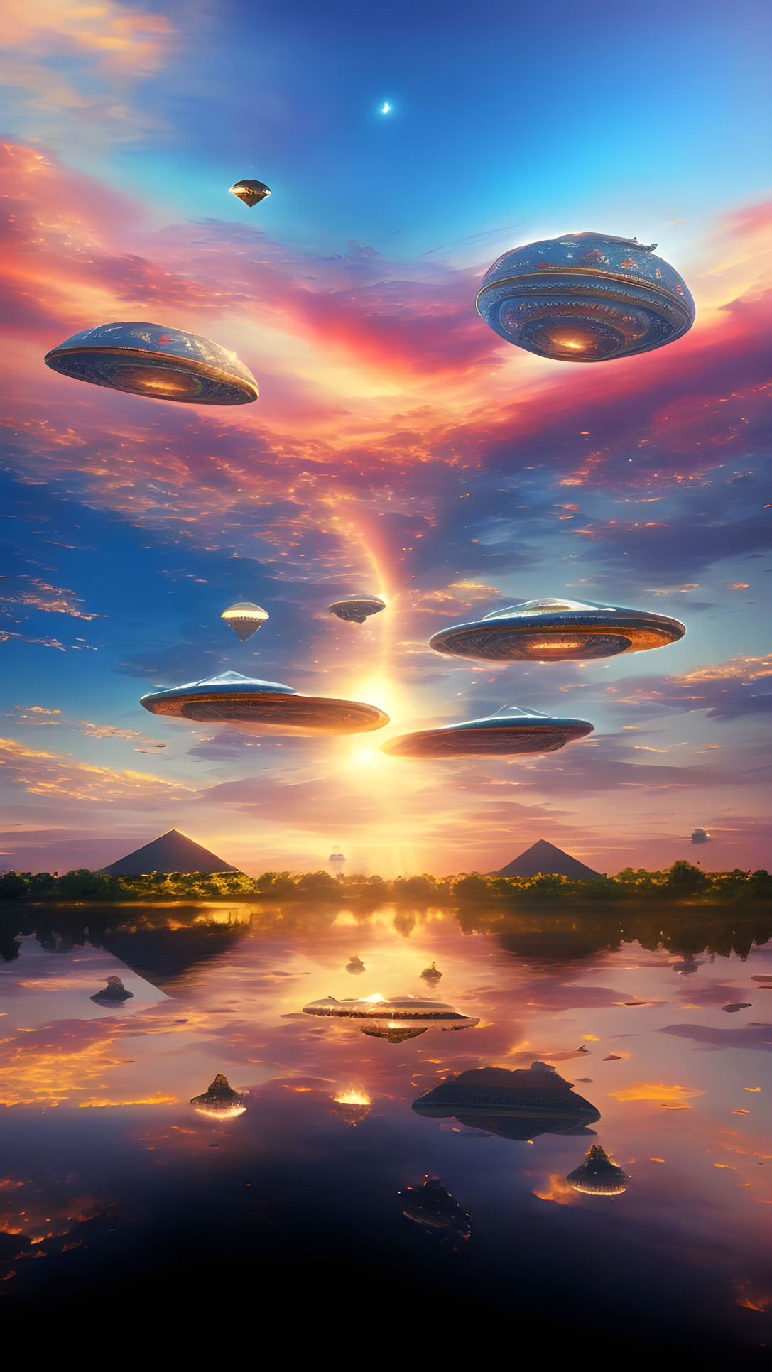 Fantastical scene: UFOs over pyramids at sunset