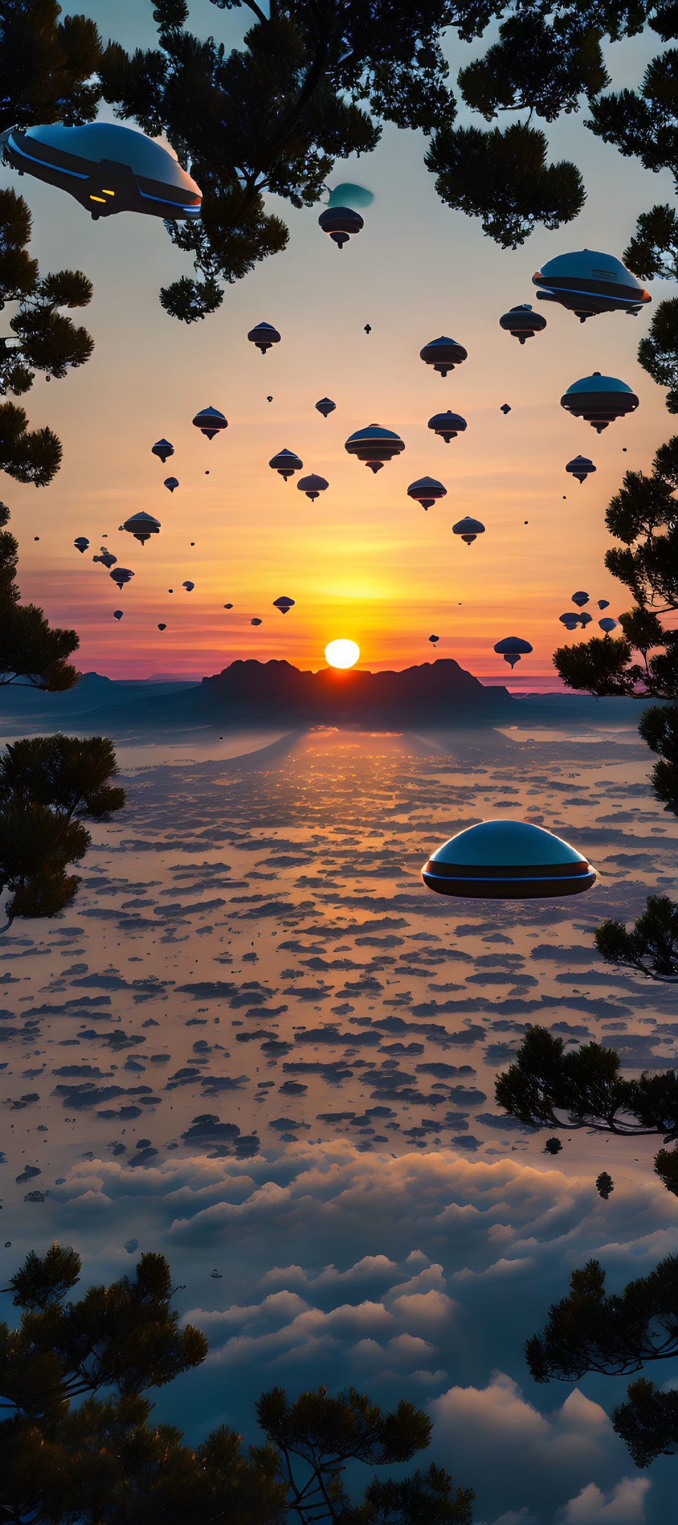 Sunset landscape with UFO-shaped objects above cloudy sky.