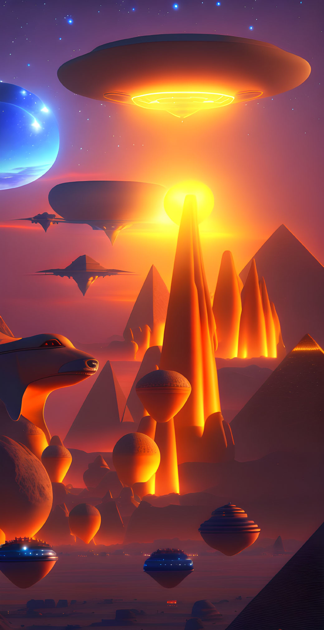 Futuristic sci-fi landscape with UFOs and geometric shapes at sunset