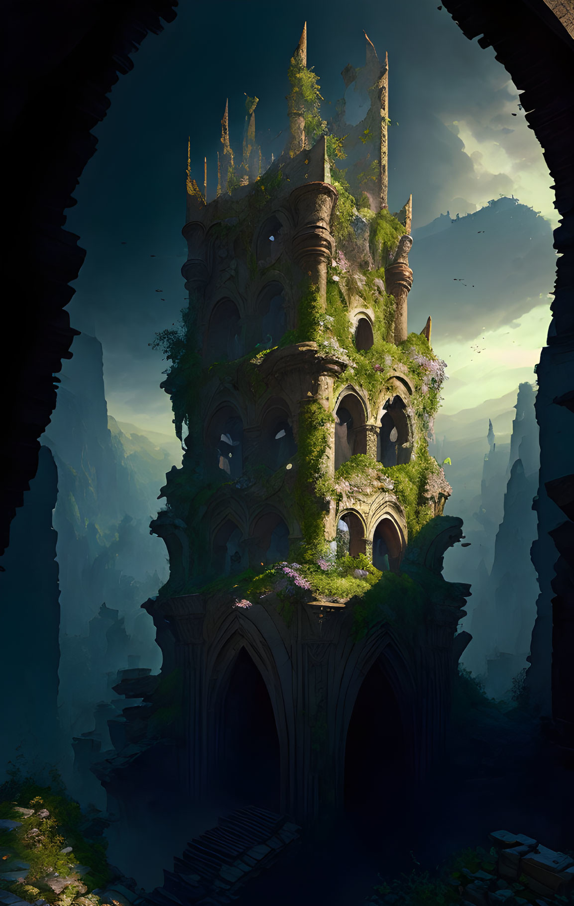 Overgrown castle in rocky gorge with light filtering in