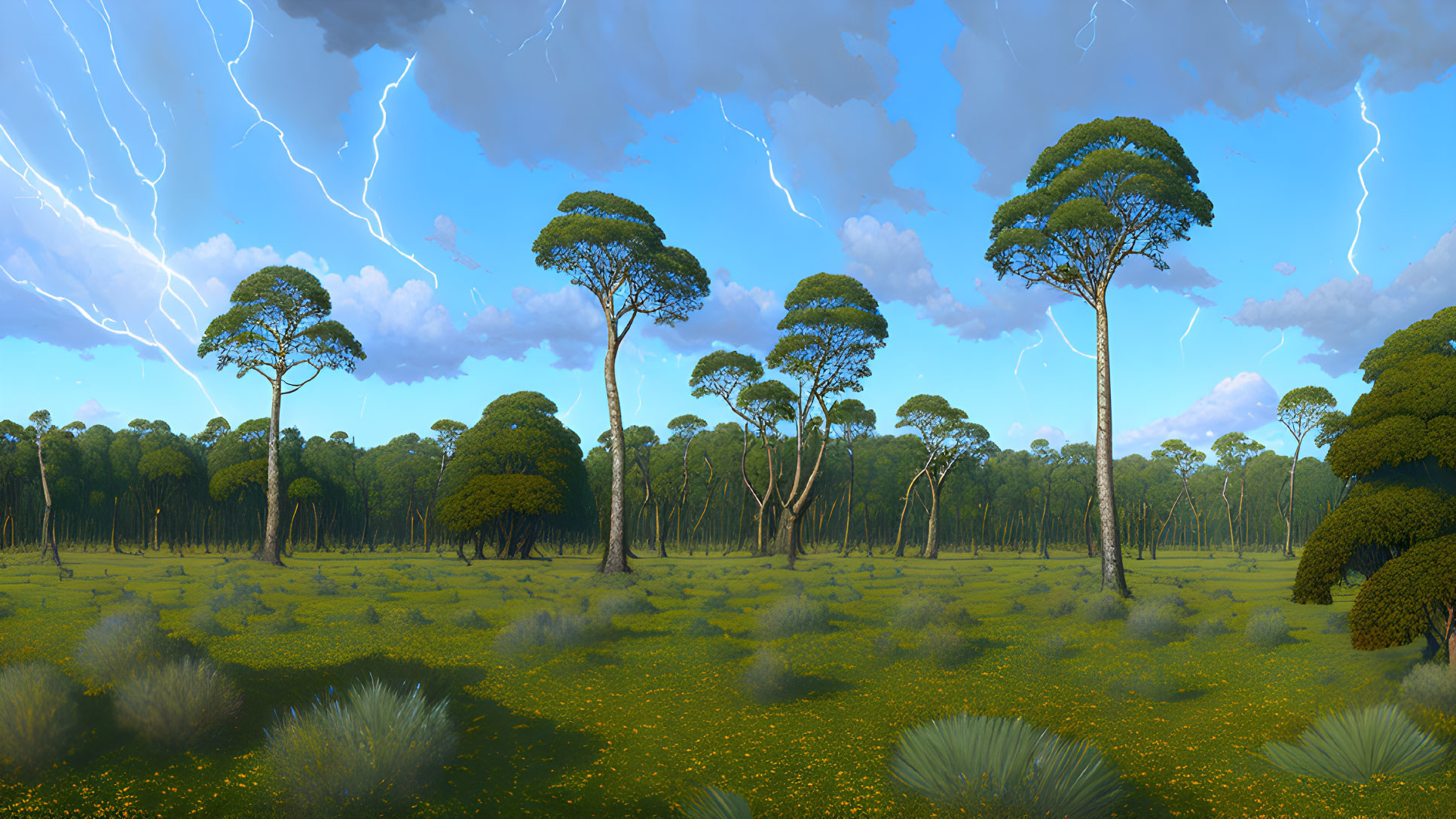 Panoramic savanna landscape with lightning strikes in the sky