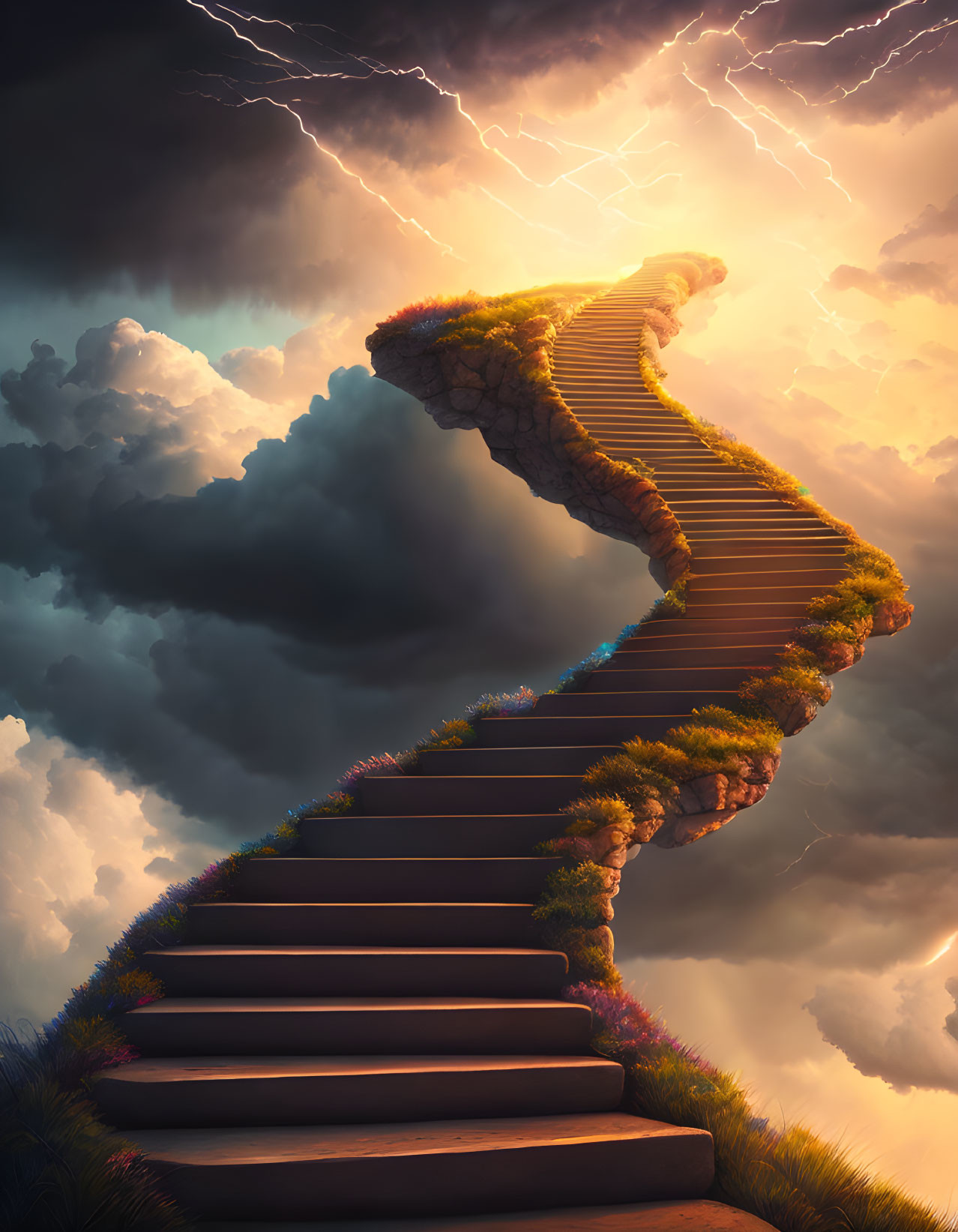 Ethereal stairway with lush greenery under dramatic sky