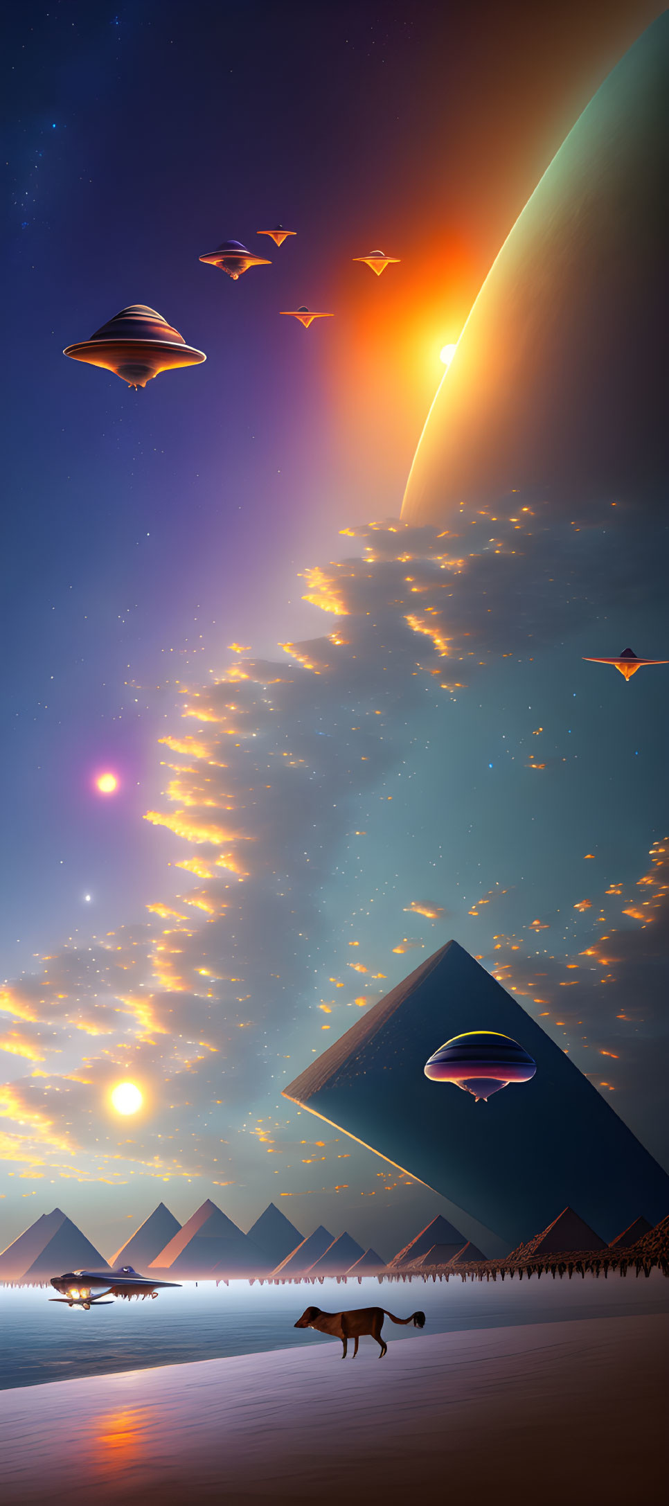 Surreal landscape with pyramids, dog, and giant planet under starry sky